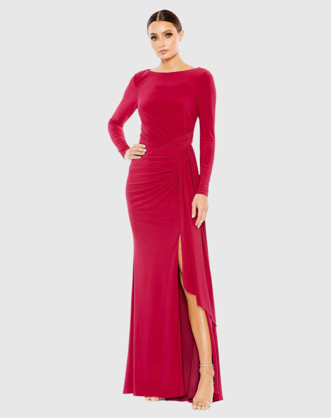 Ruched Long Sleeve Cowl Neck Gown