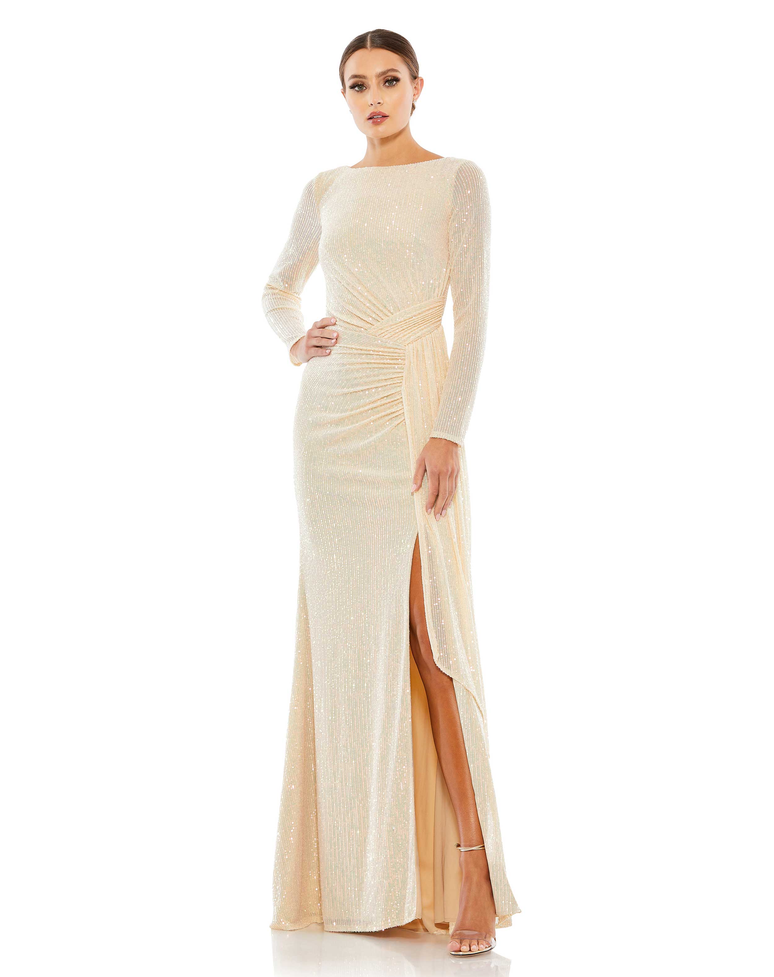 Sequined Ruched Long Sleeve Boat Neck Gown