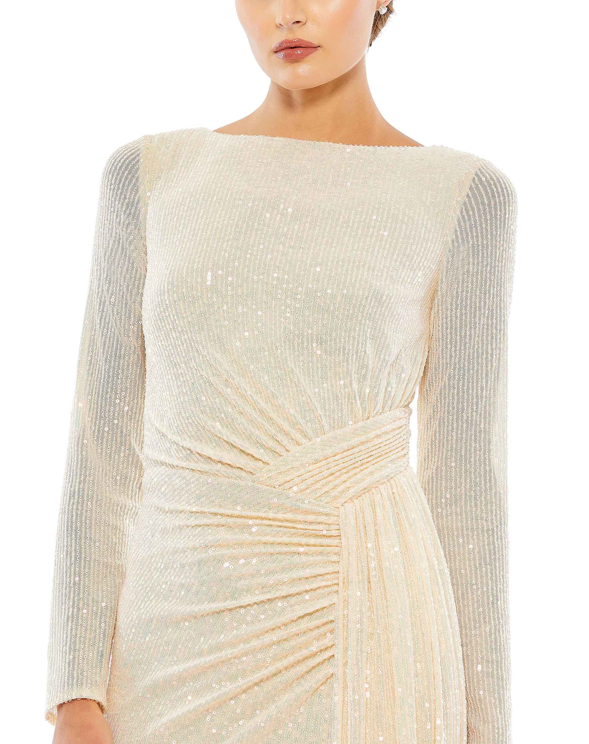 Sequined Ruched Long Sleeve Boat Neck Gown