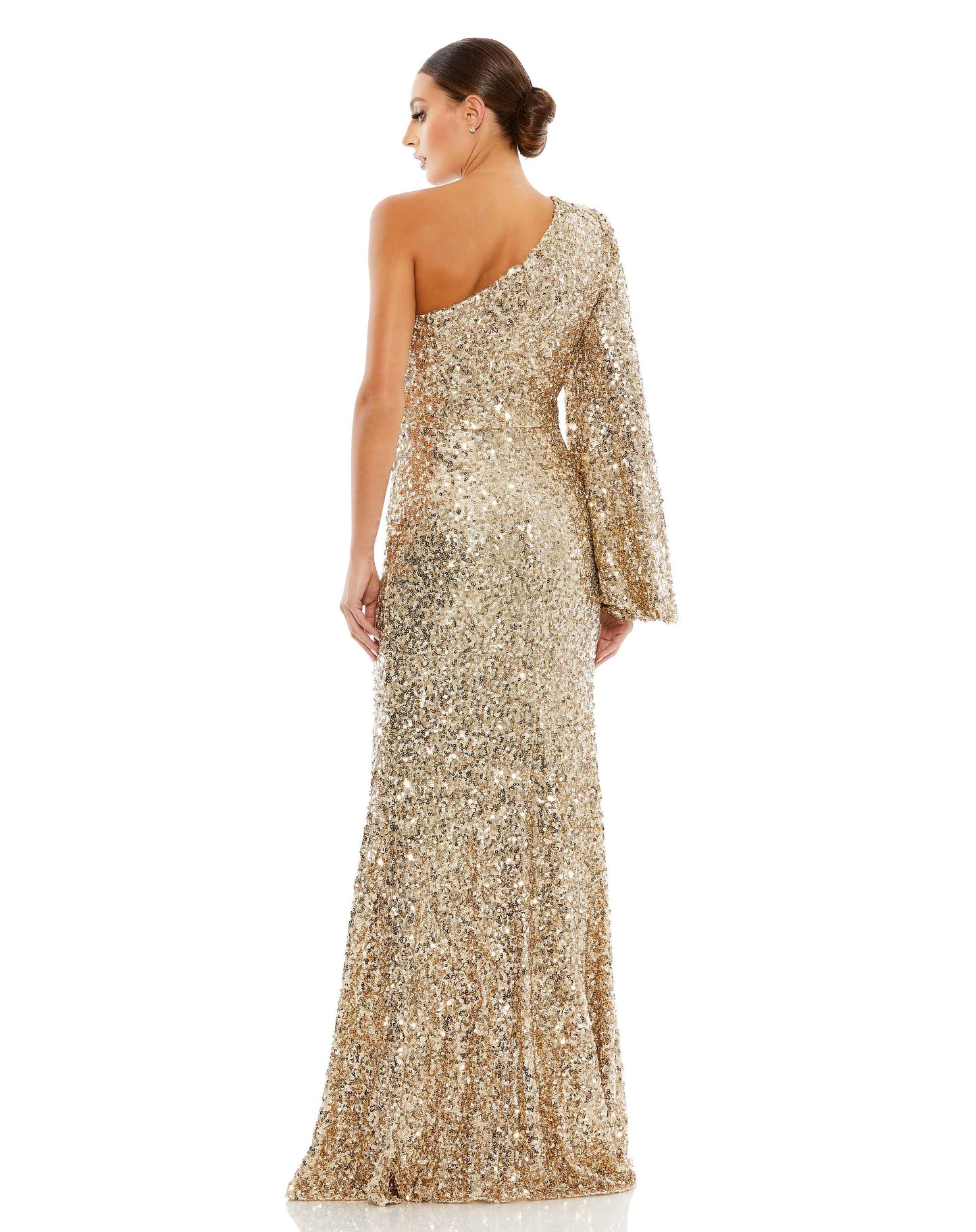 Sequined One Shoulder Bishop Sleeve Trumpet Gown