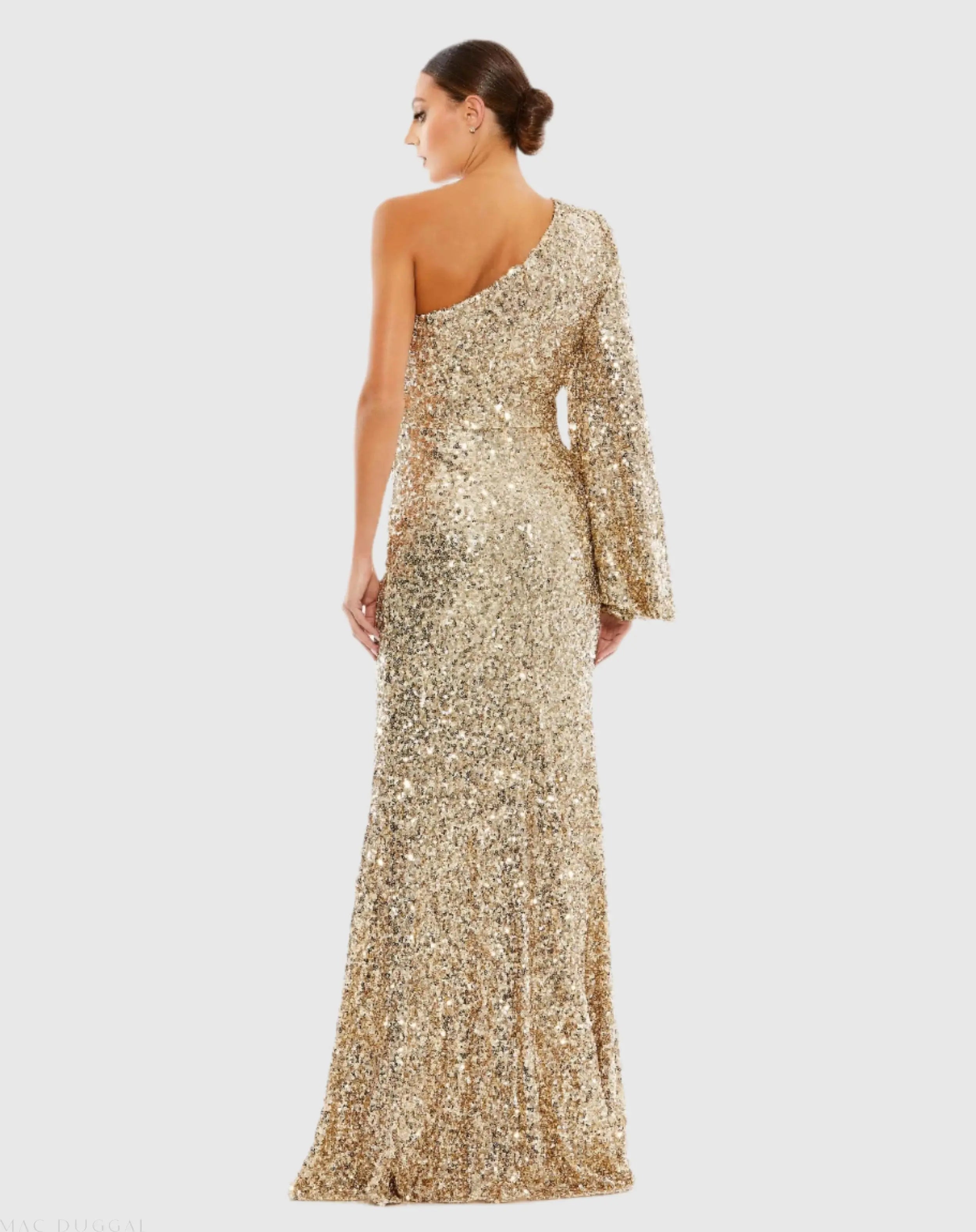 Gold Sequined One Shoulder Bishop Sleeve Trumpet Gown - Ieena for Mac Duggal