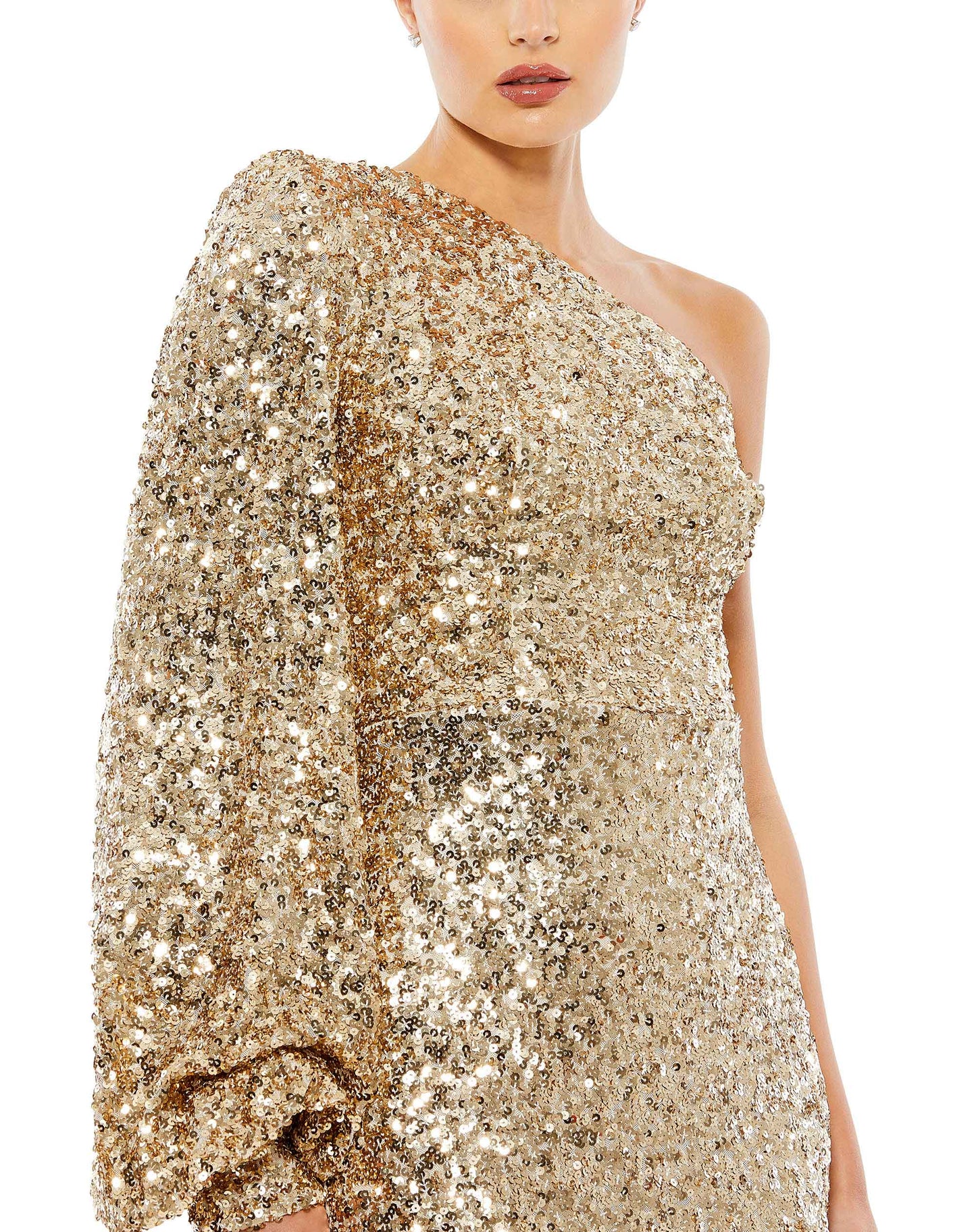 Sequined One Shoulder Bishop Sleeve Trumpet Gown