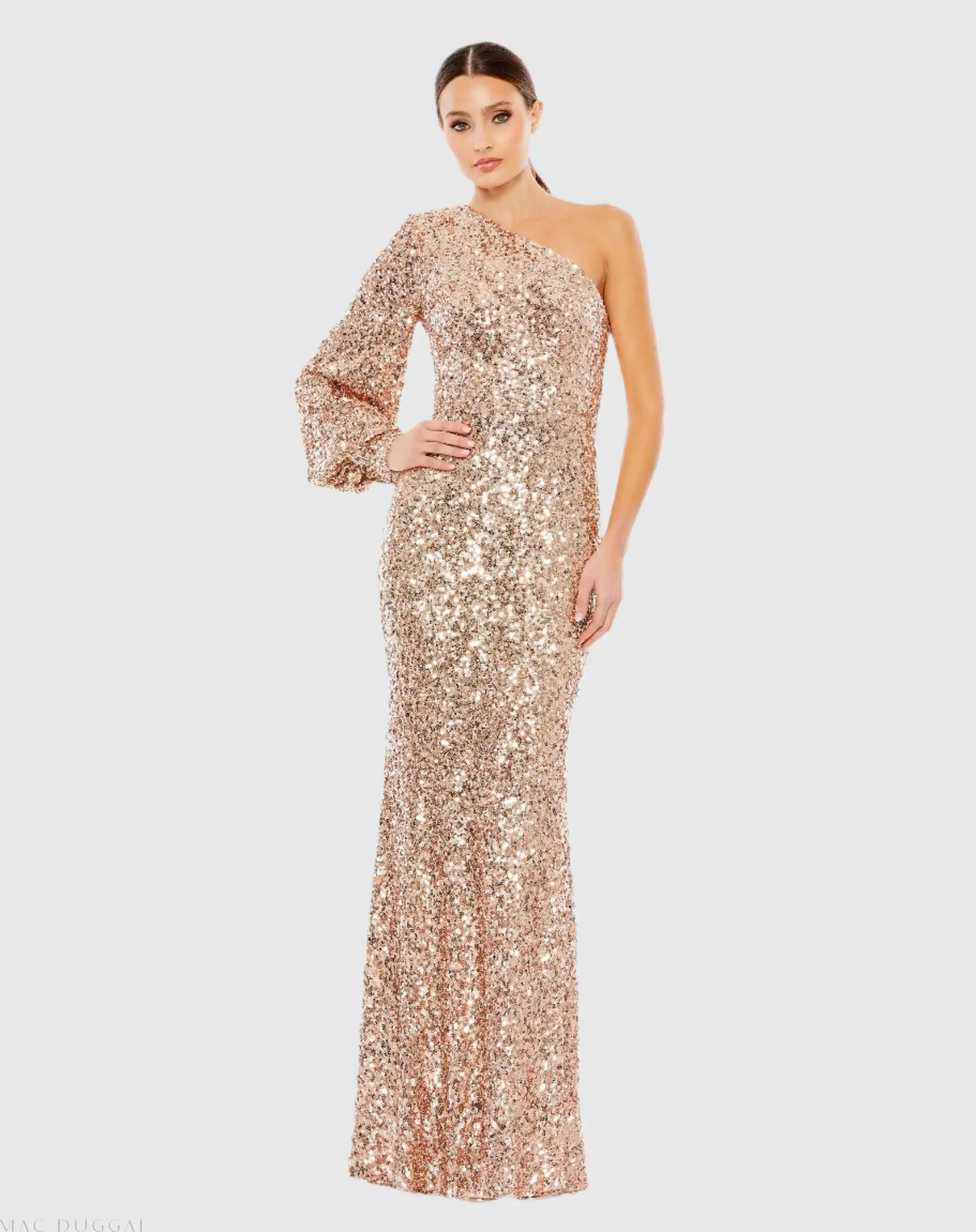 Sequined One Shoulder Bishop Sleeve Trumpet Gown - Mac Duggal