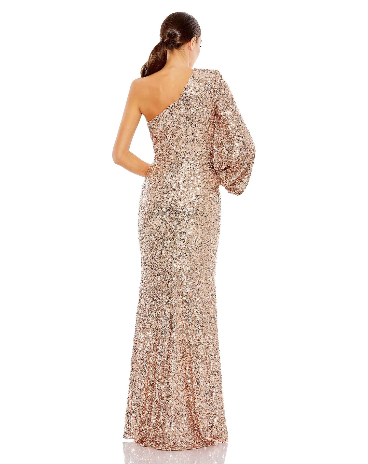 Sequined One Shoulder Bishop Sleeve Trumpet Gown