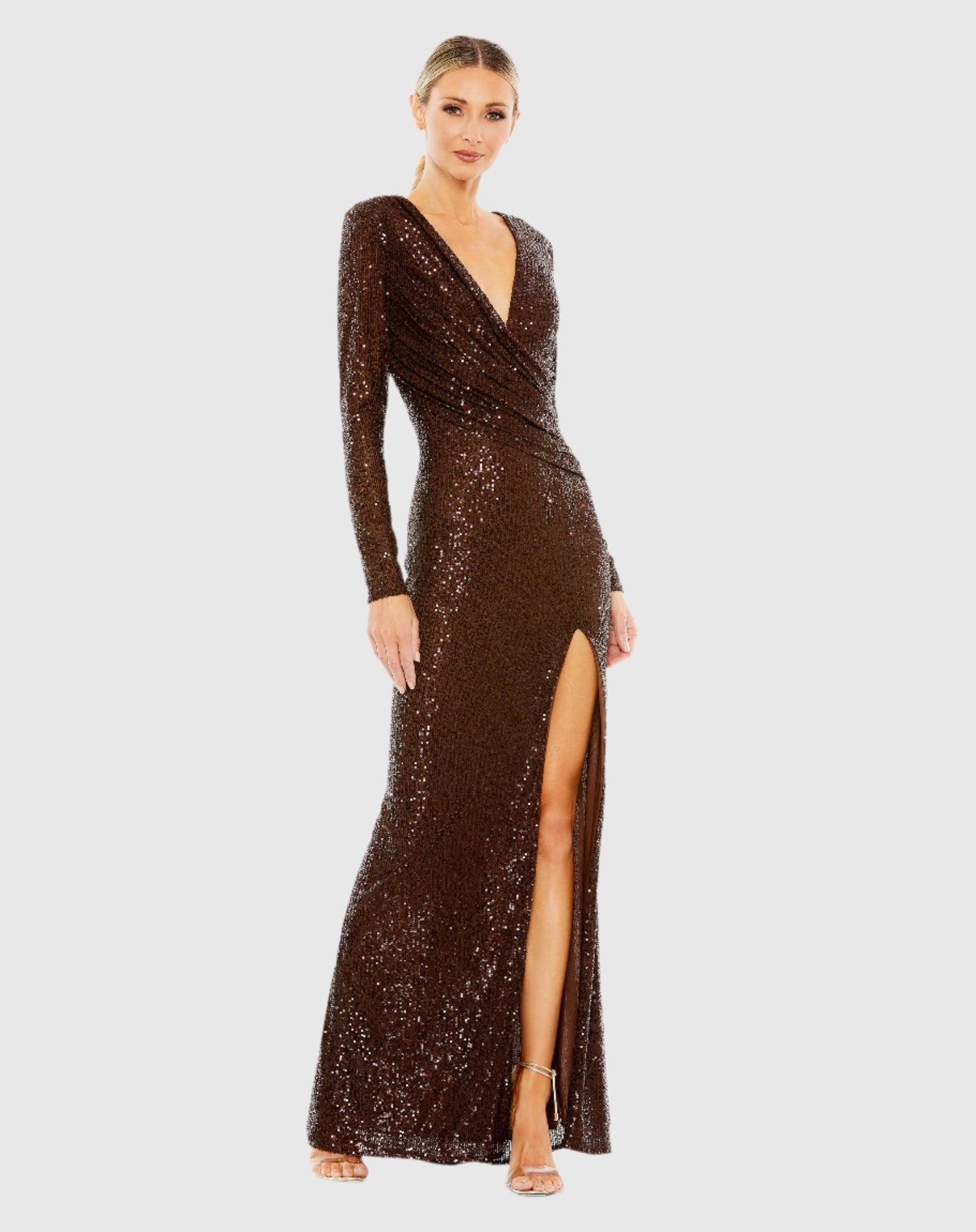 Sequined Long Sleeve Faux Wrap Ruched Gown