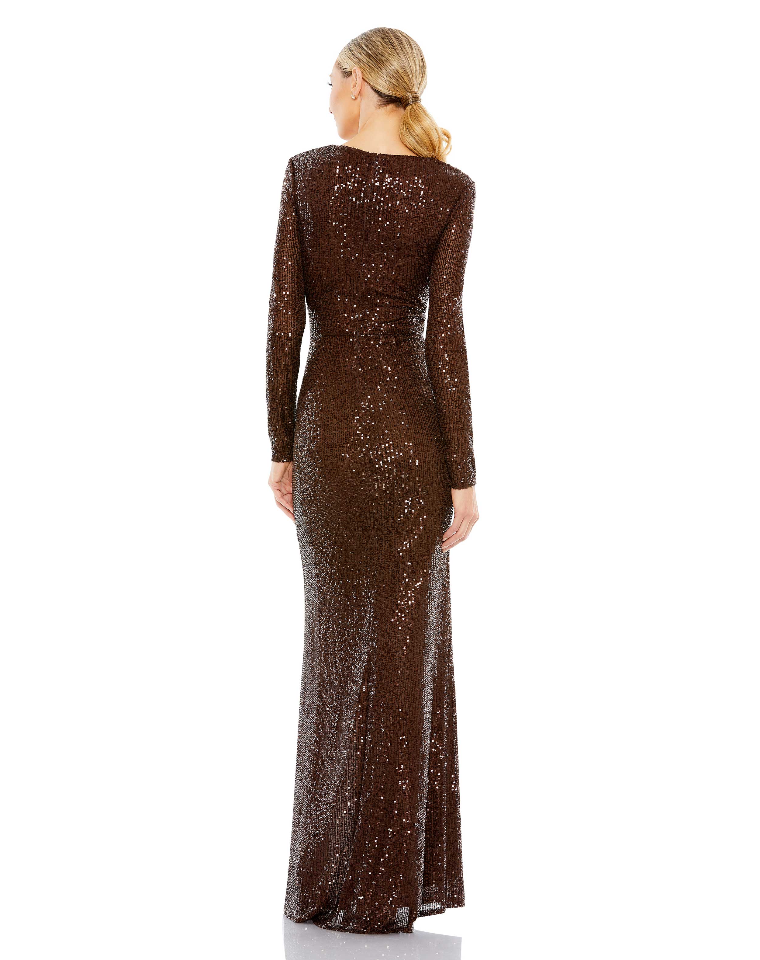 Sequined Long Sleeve Faux Wrap Ruched Gown