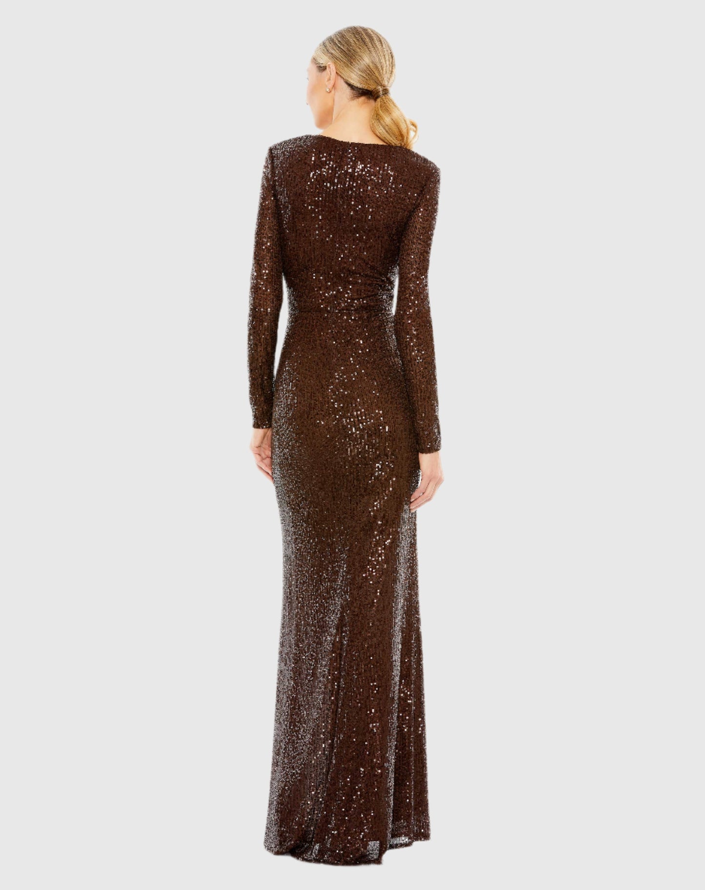 Sequined Long Sleeve Faux Wrap Ruched Gown