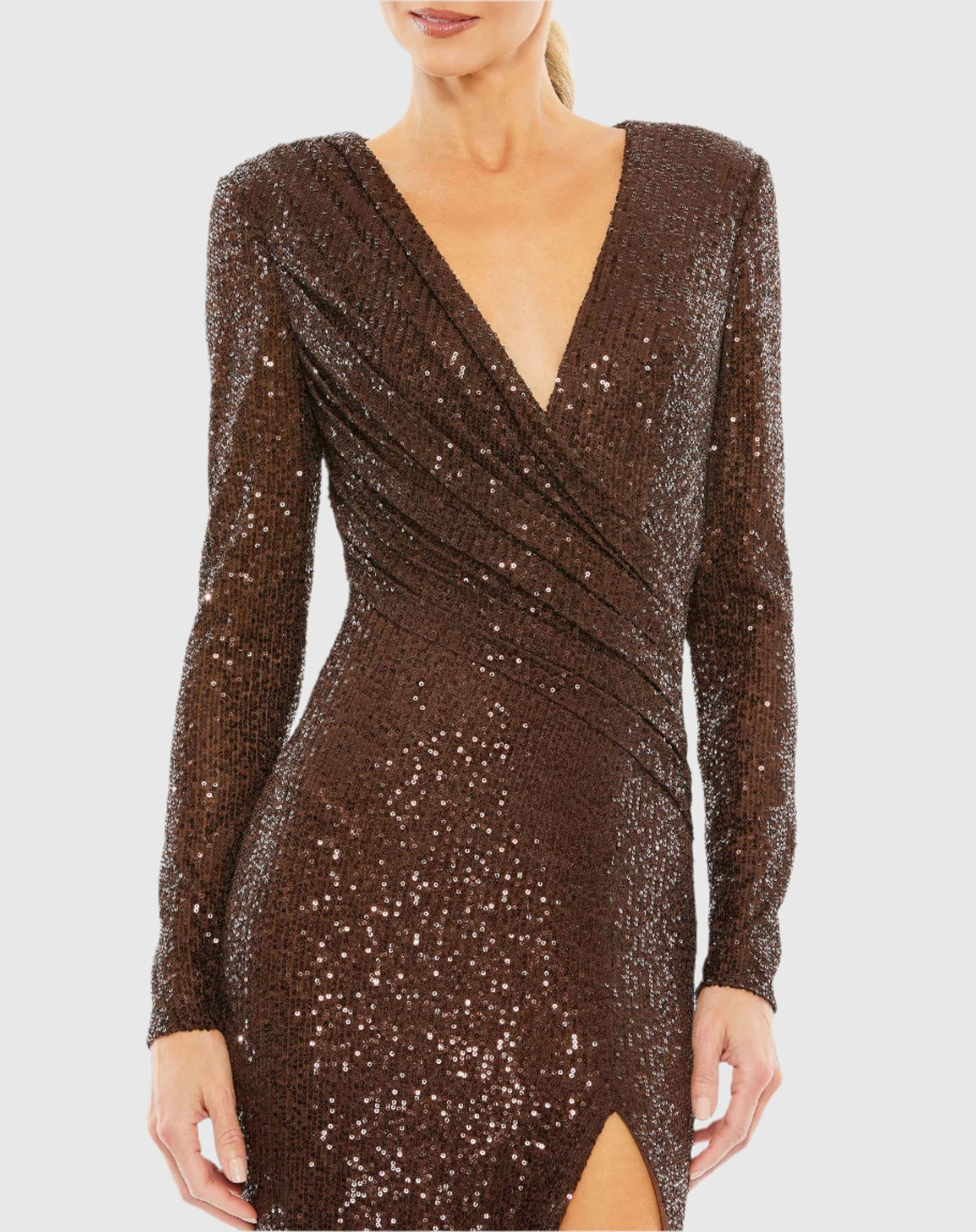 Sequined Long Sleeve Faux Wrap Ruched Gown