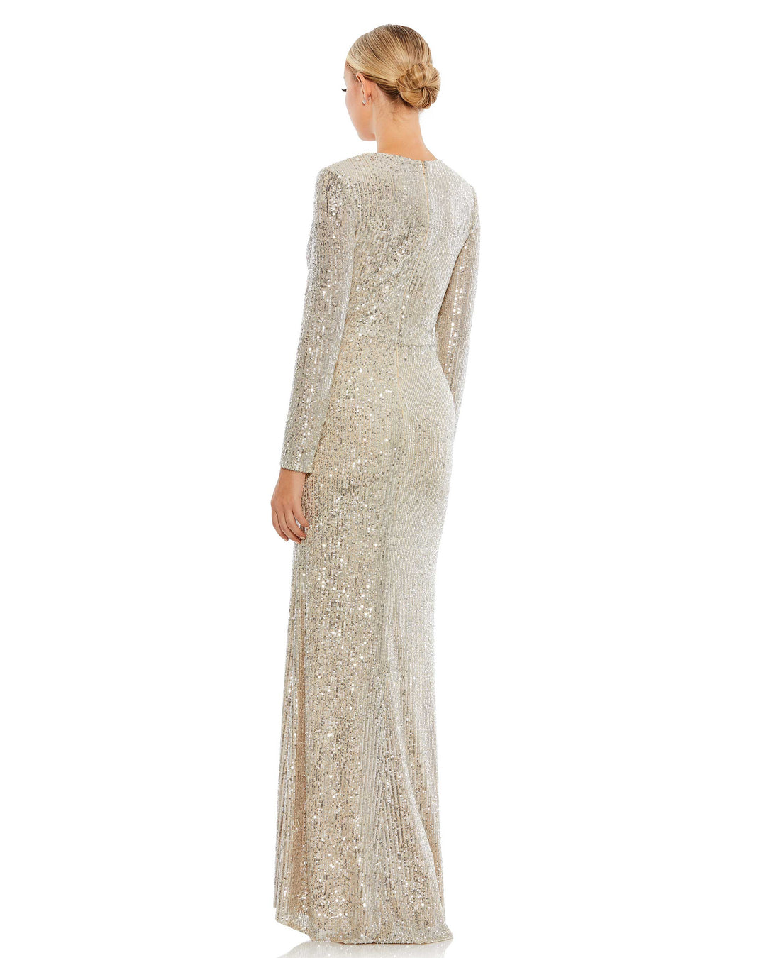 Sequined Long Sleeve Faux Wrap Ruched Gown – Mac Duggal