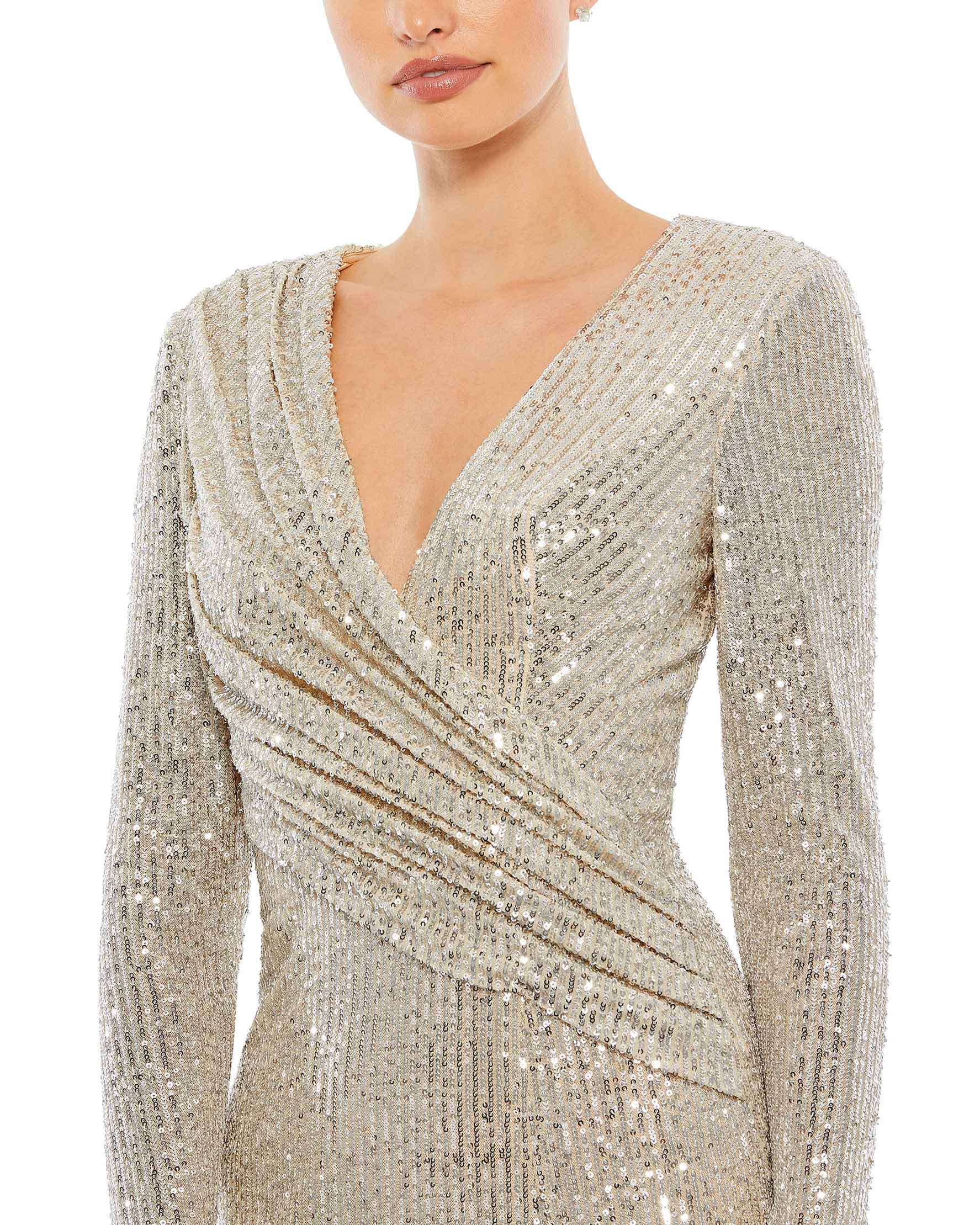 Sequined Long Sleeve Faux Wrap Ruched Gown