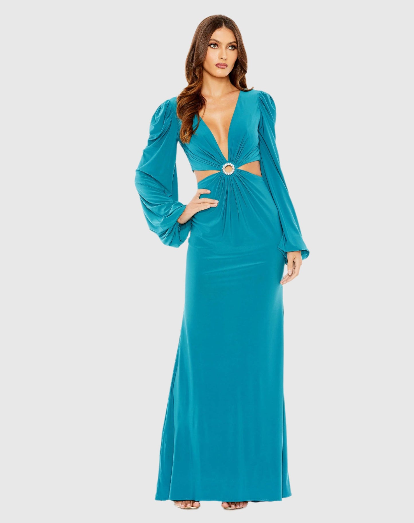 Jersey Puff Sleeve Cut Out Column Gown