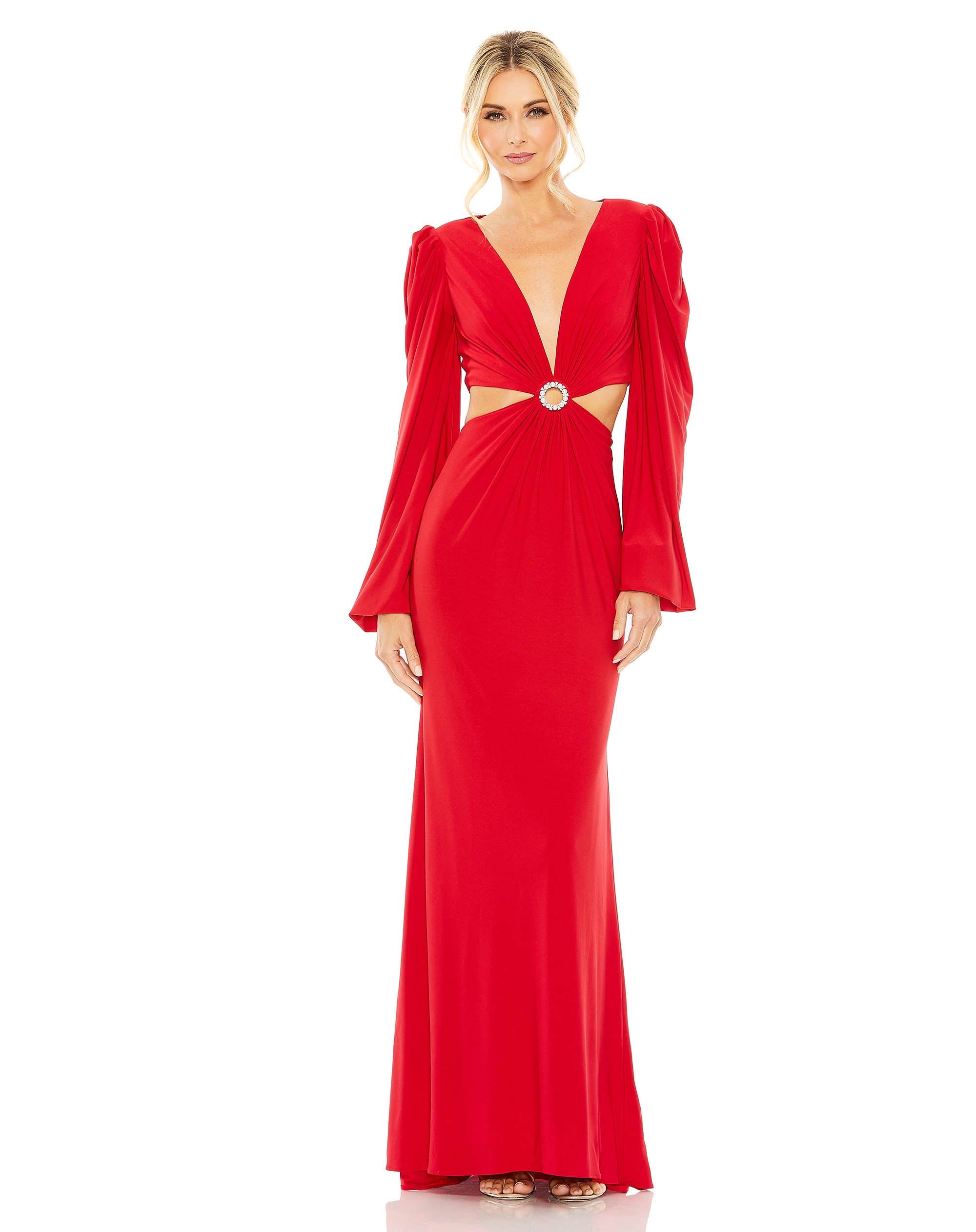 Jersey Puff Sleeve Cut Out Column Gown