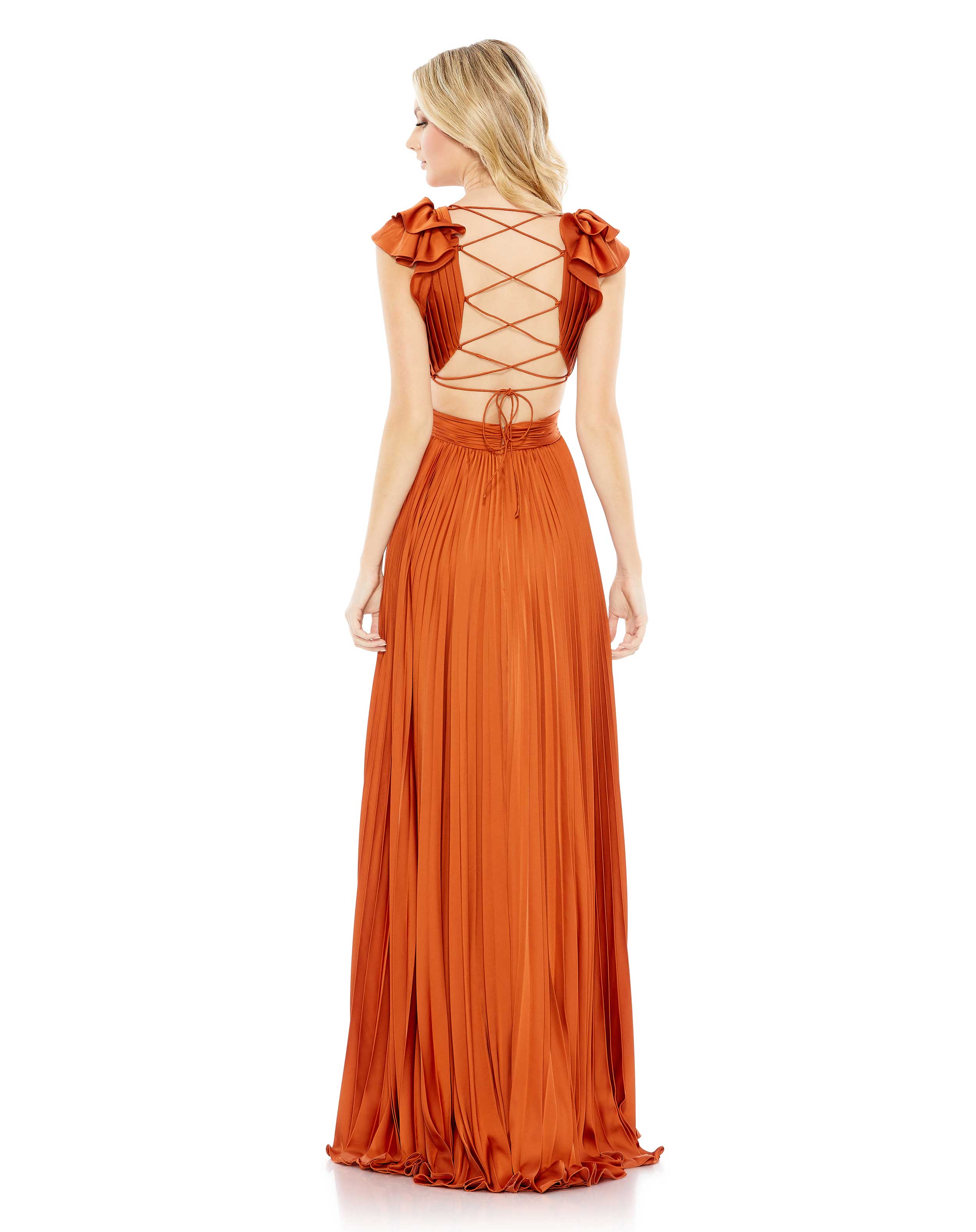 Pleated Ruffled Cap Sleeve Cut Out Lace Up Gown