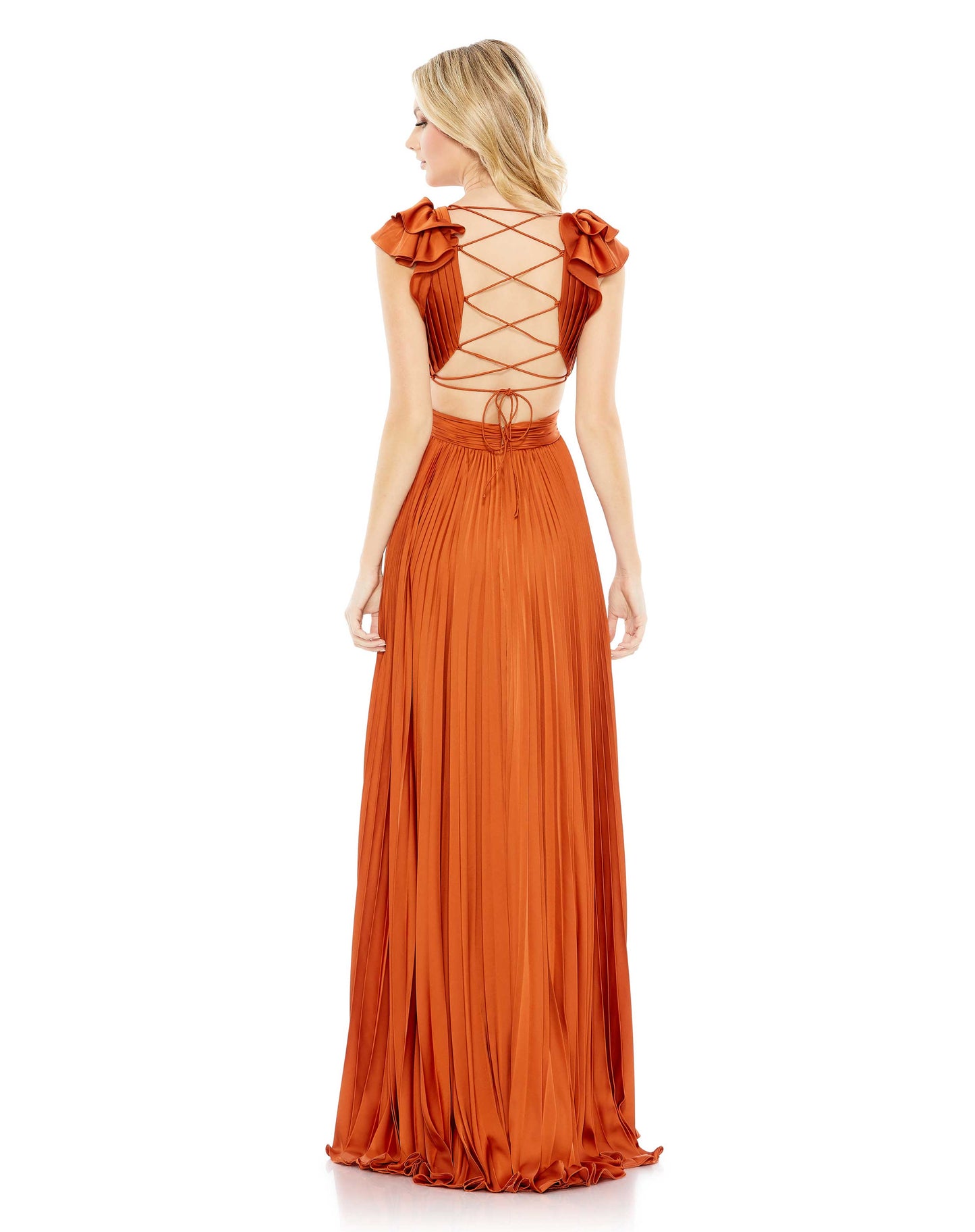 Pleated Ruffled Cap Sleeve Cut Out Lace Up Gown