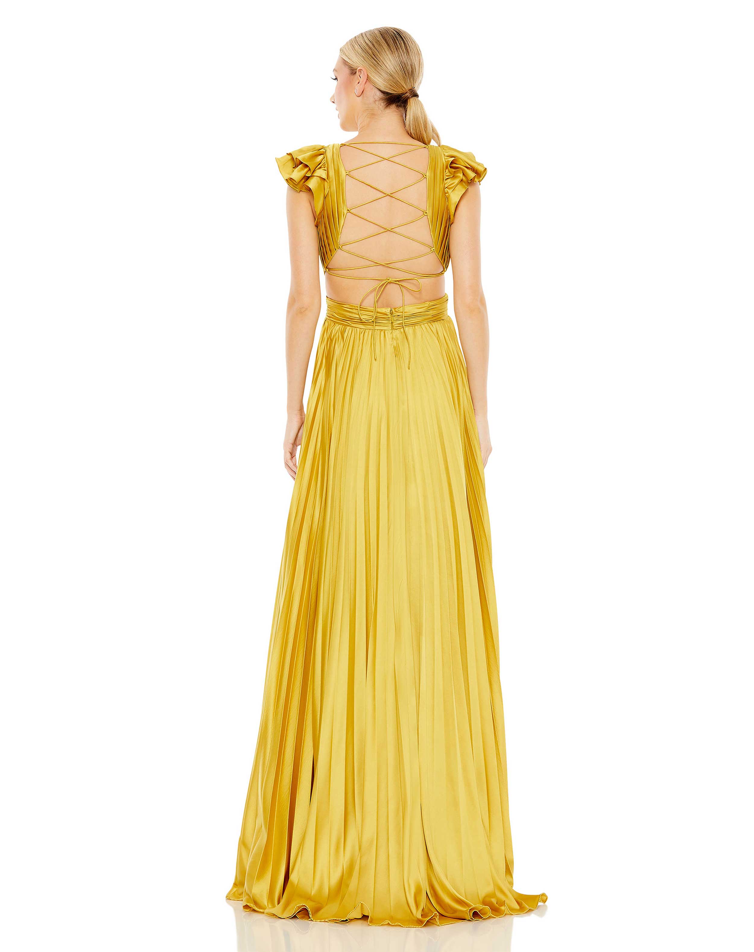 Pleated Ruffled Cap Sleeve Cut Out Lace Up Gown