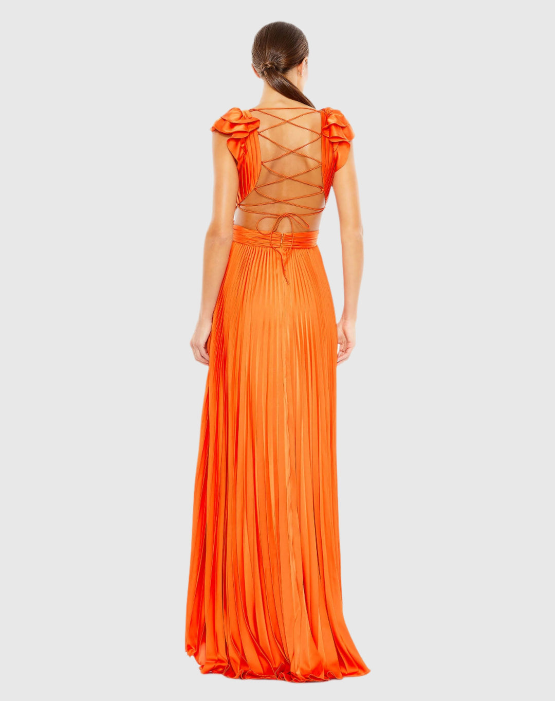 Pleated Ruffled Cap Sleeve Cut Out Lace Up Gown – Mac Duggal