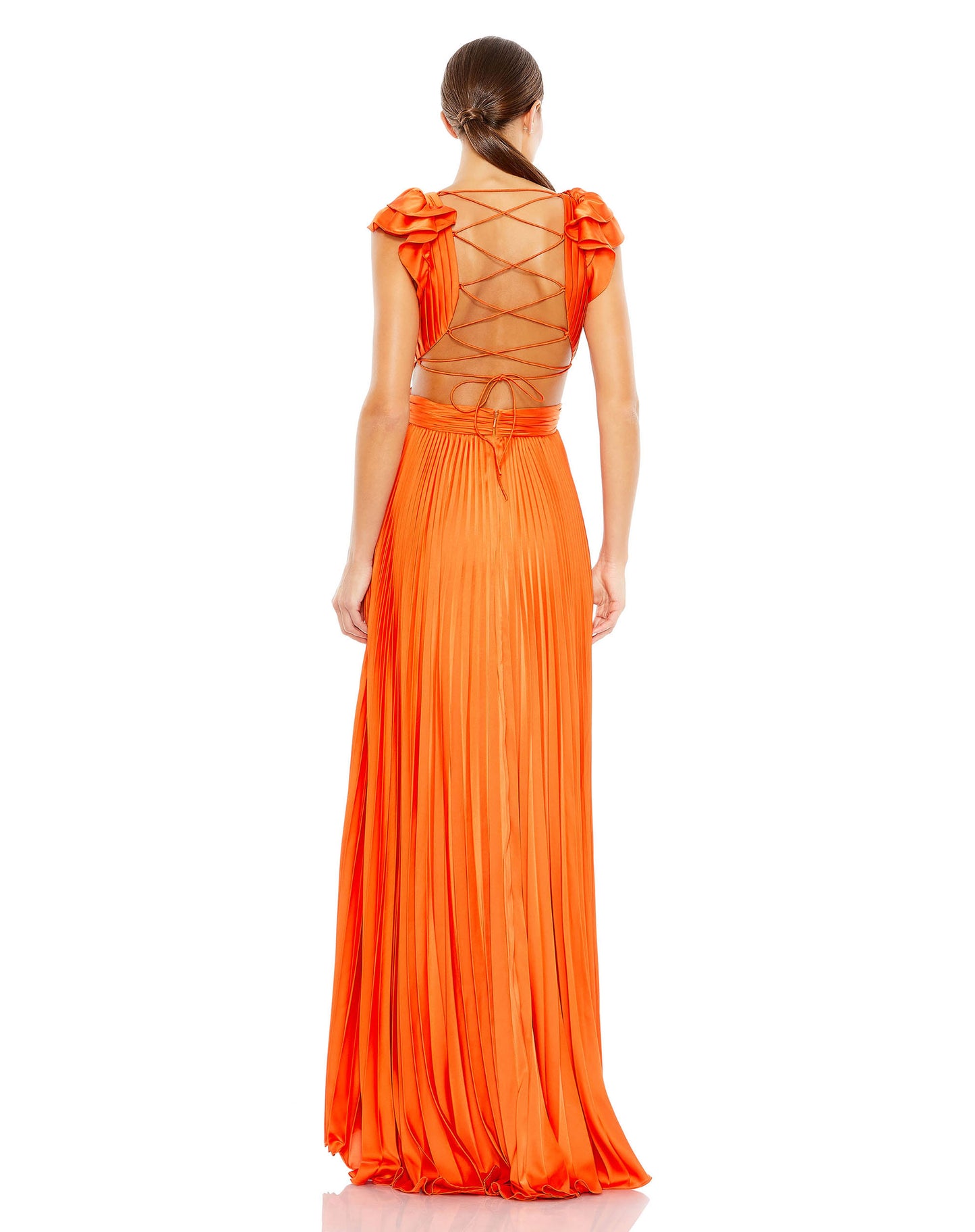 Pleated Ruffled Cap Sleeve Cut Out Lace Up Gown