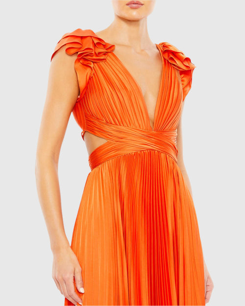 Light Orange Pleated Ruffled Cap Sleeve Cut Out Lace Up Gown