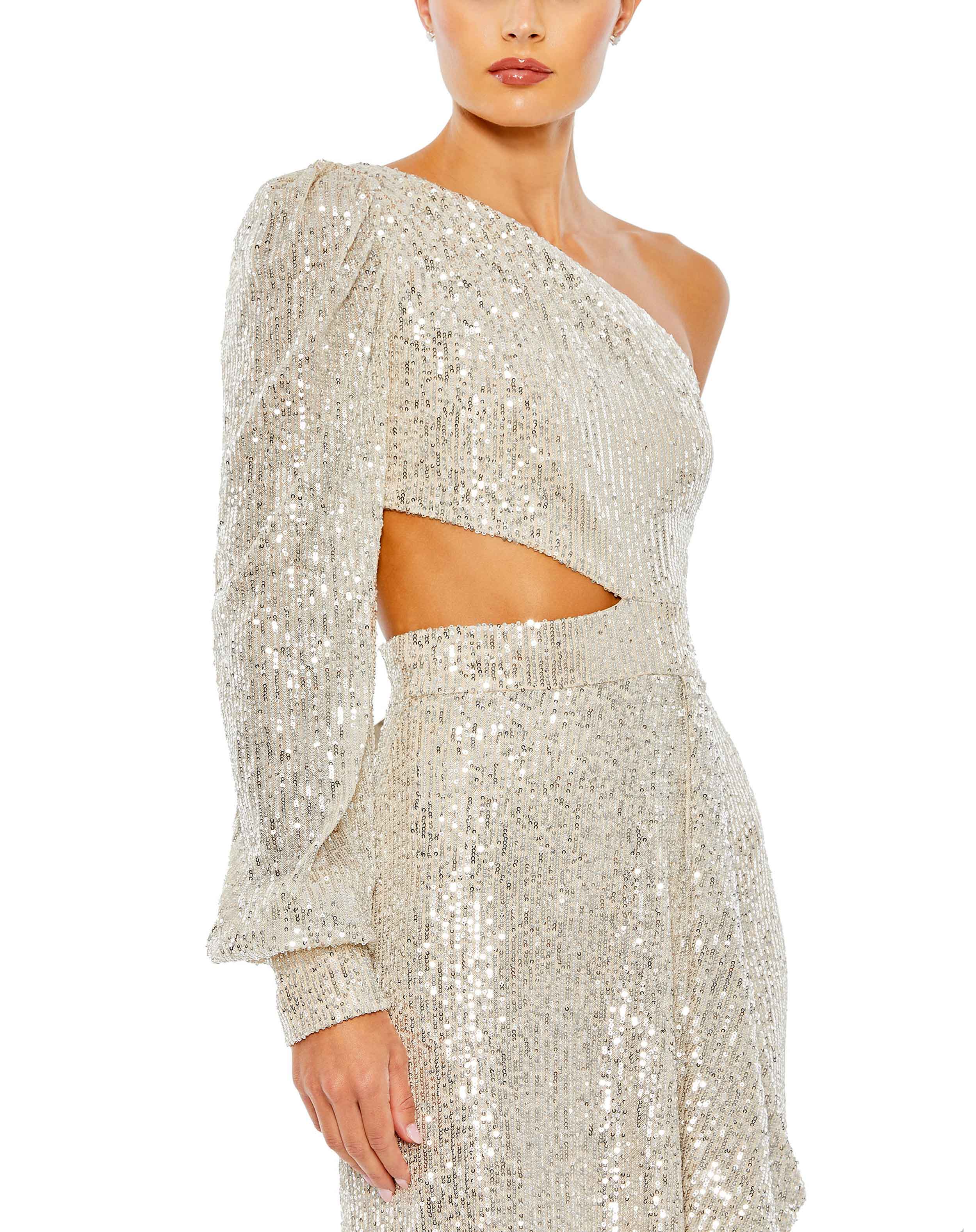 Sequined One Shoulder Cut Out Gown