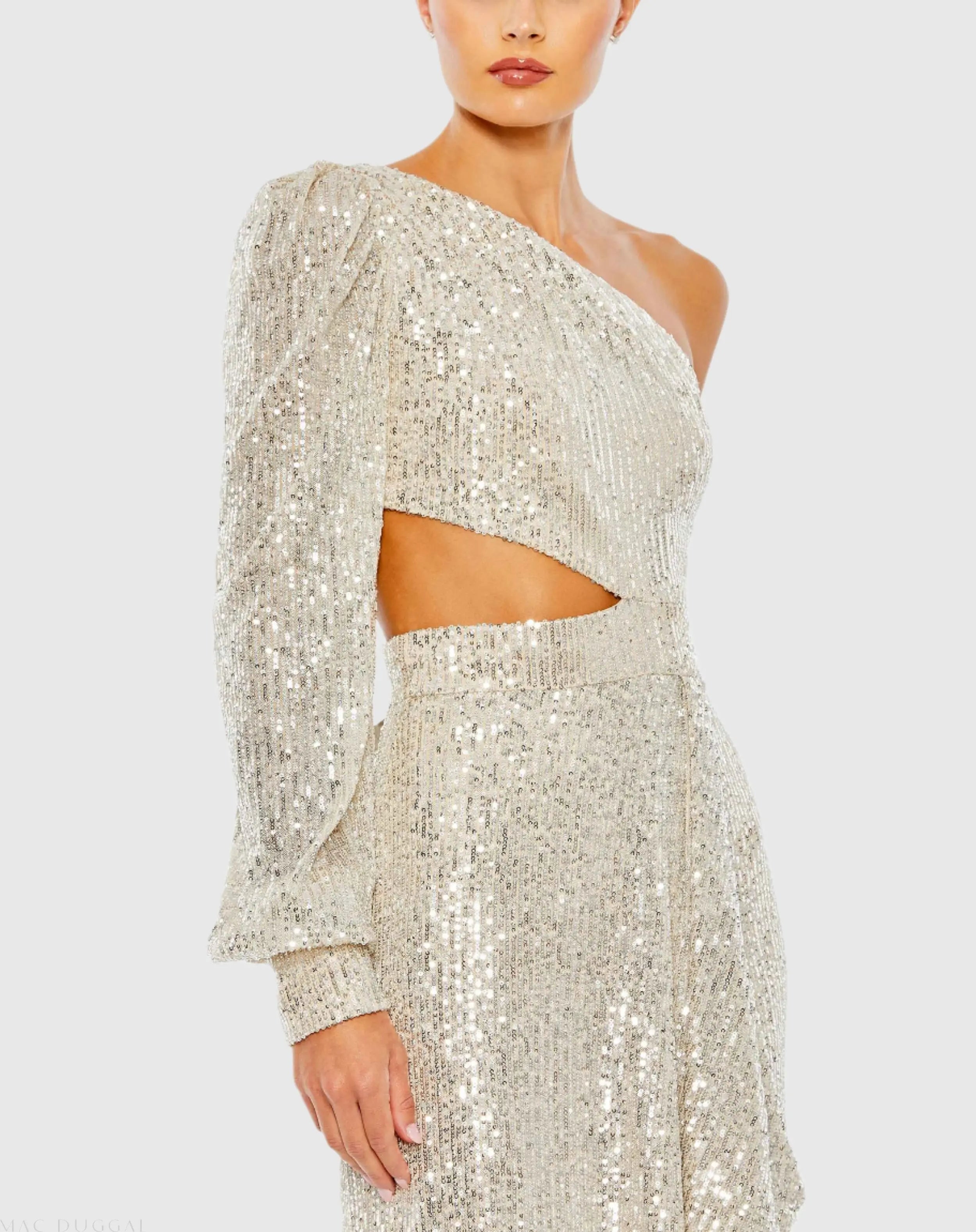 Silver Sequined One Shoulder Cut Out Gown - Mac Duggal