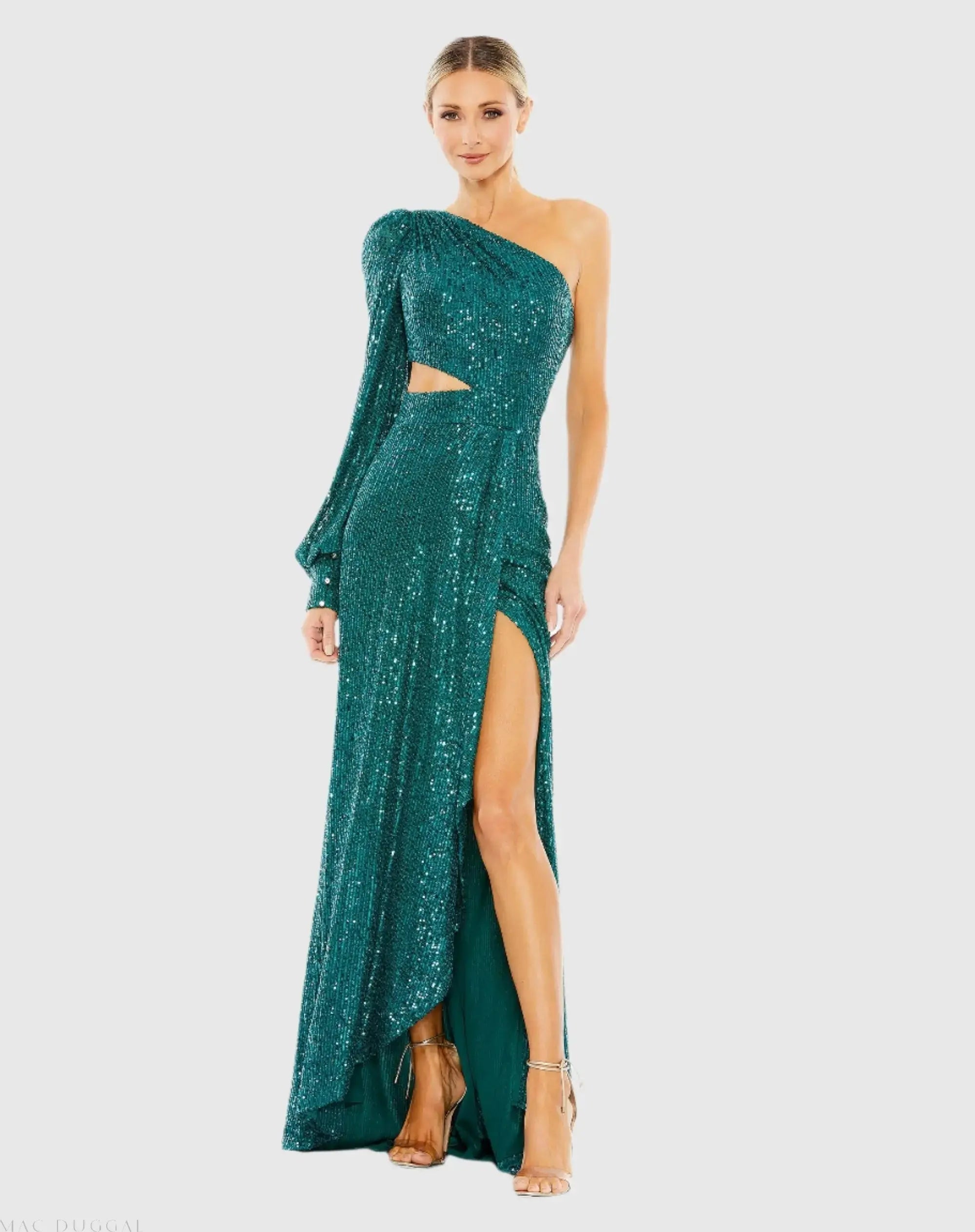 Green Sequined One Shoulder Cut Out Gown - Ieena for Mac Duggal