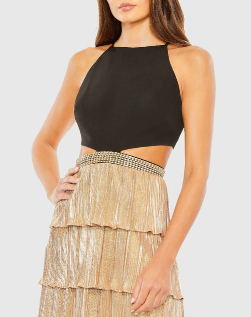 Metallic Pleated Cutout Cocktail Dress