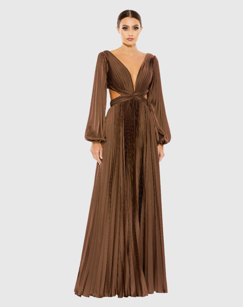 Brown Long Sleeve Charmeuse Cut Out Gown