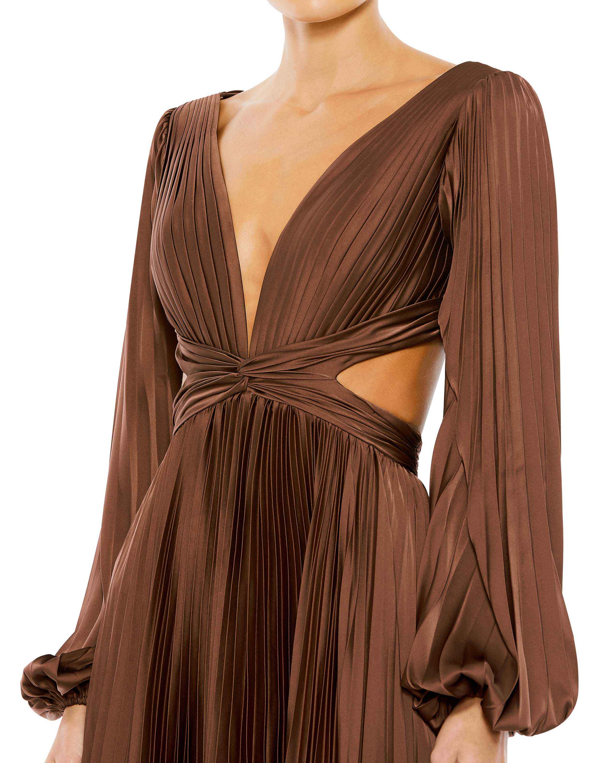 Long Sleeve Pleated Charmeuse Cut Out Gown