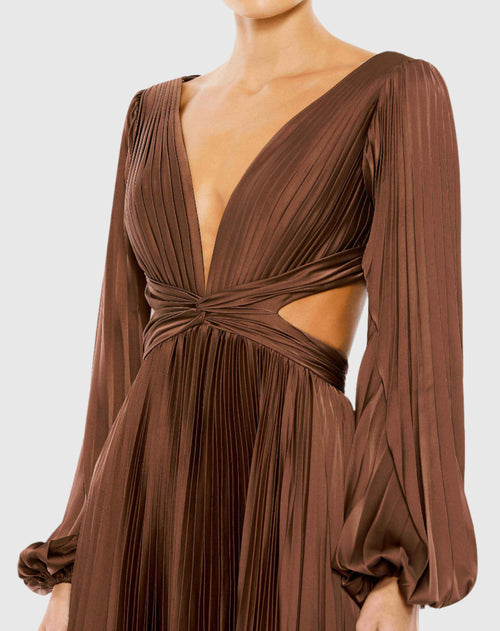 Brown Long Sleeve Charmeuse Cut Out Gown