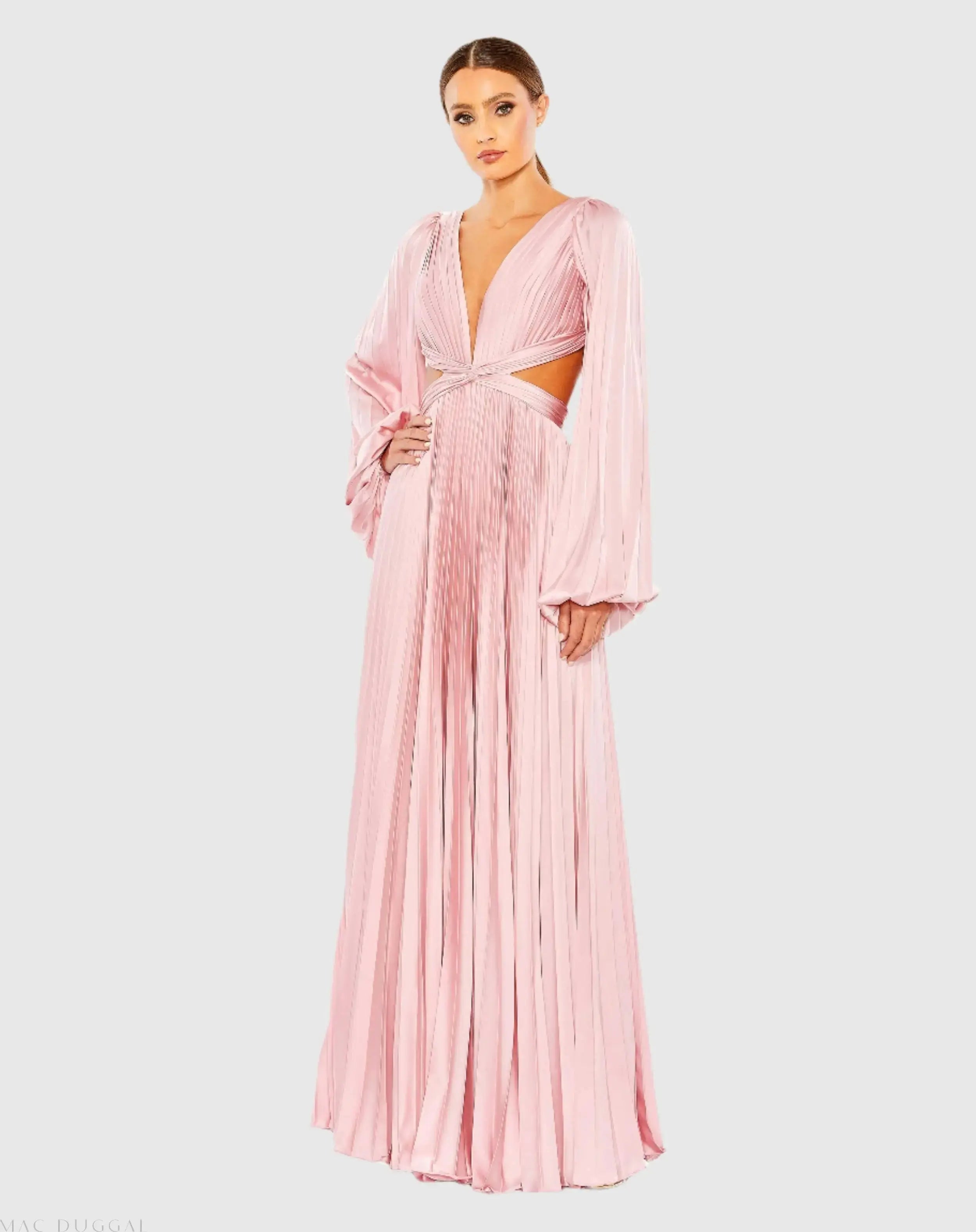 Long Sleeve Pleated Charmeuse Cut Out Gown