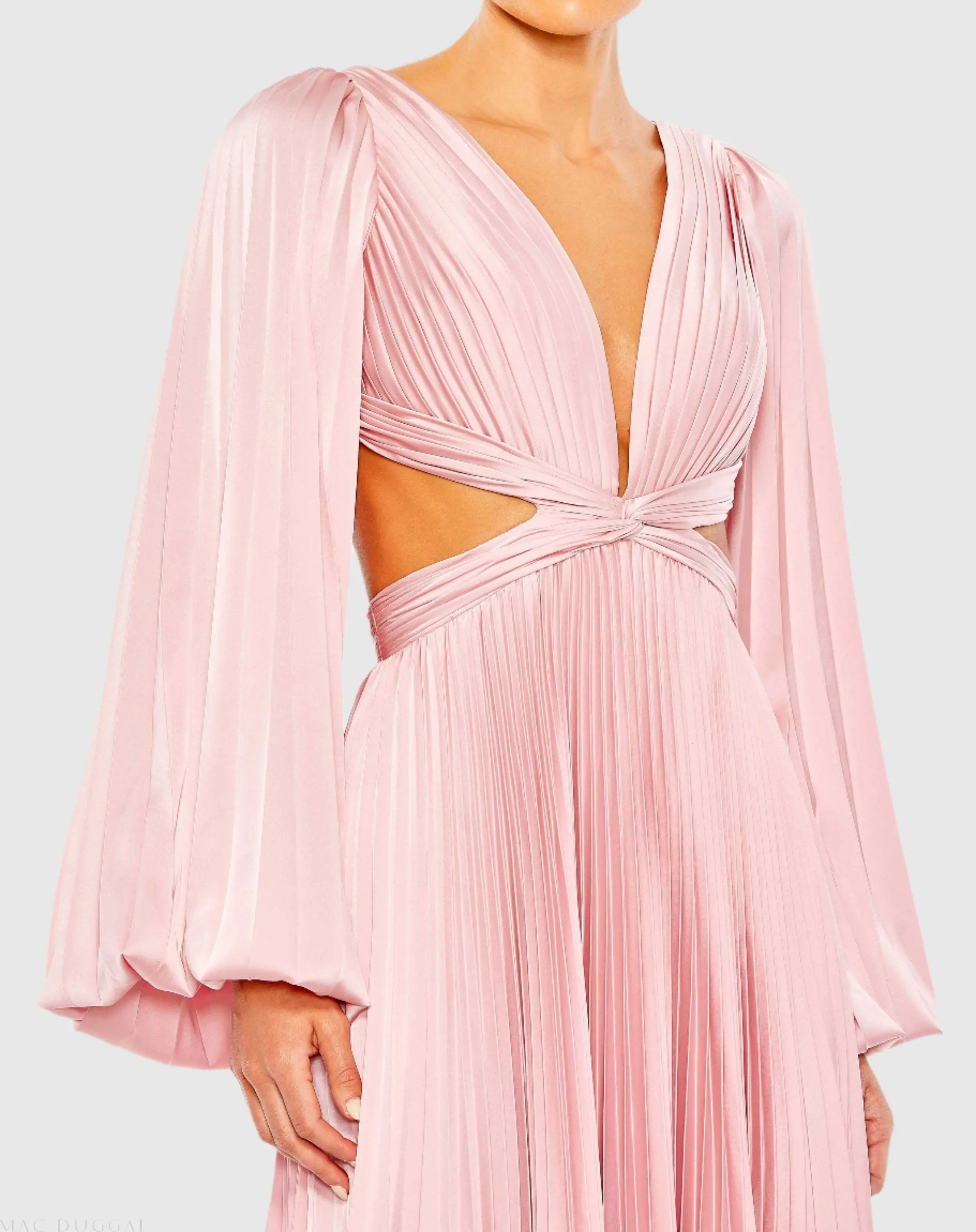 Pink Long Sleeve Pleated Charmeuse Cut Out Gown - Mac Duggal