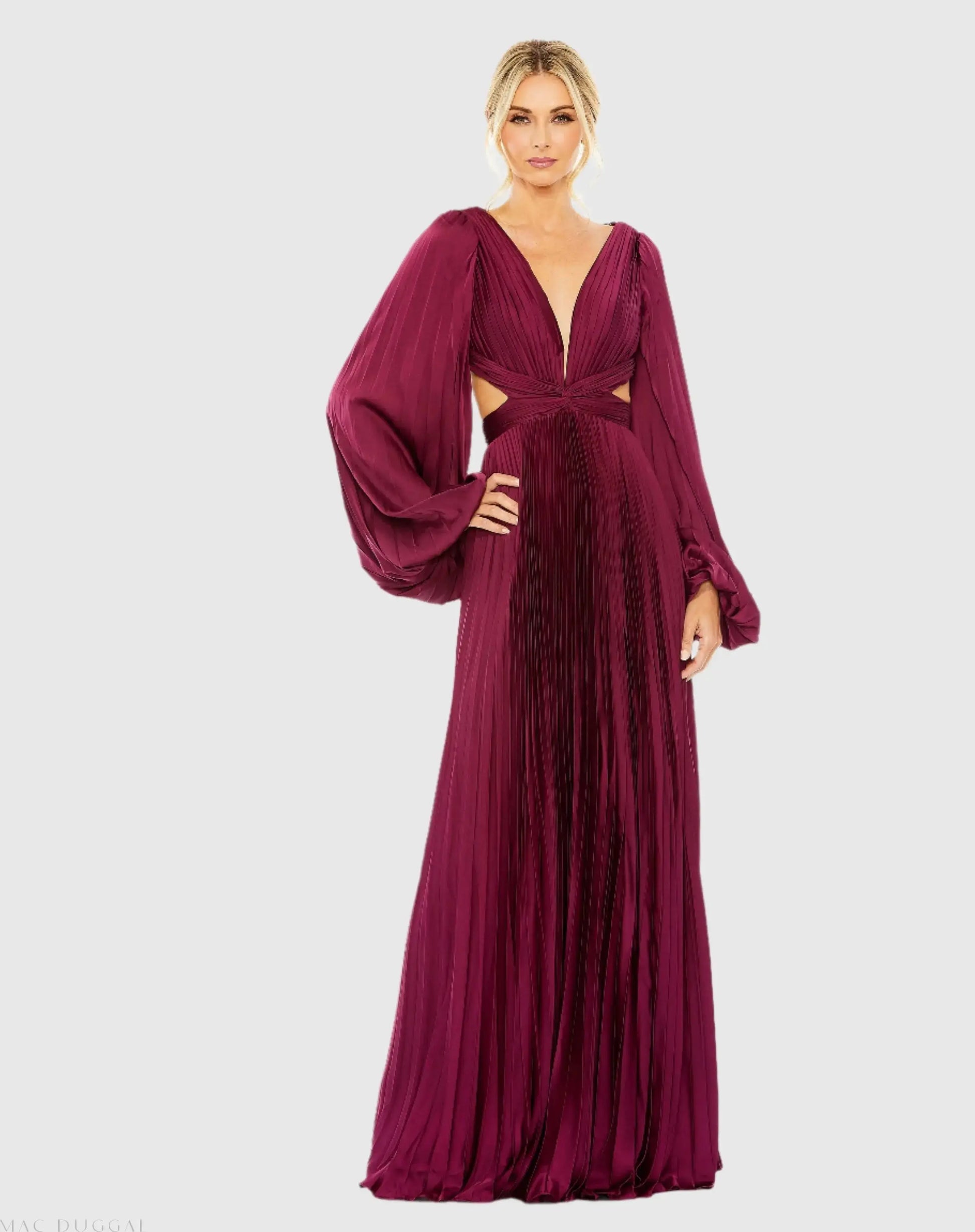 Red Long Sleeve Pleated Charmeuse Cut Out Gown - Mac Duggal Red Long Sleeve Pleated Charmeuse Cut Out Gown - Mac Duggal