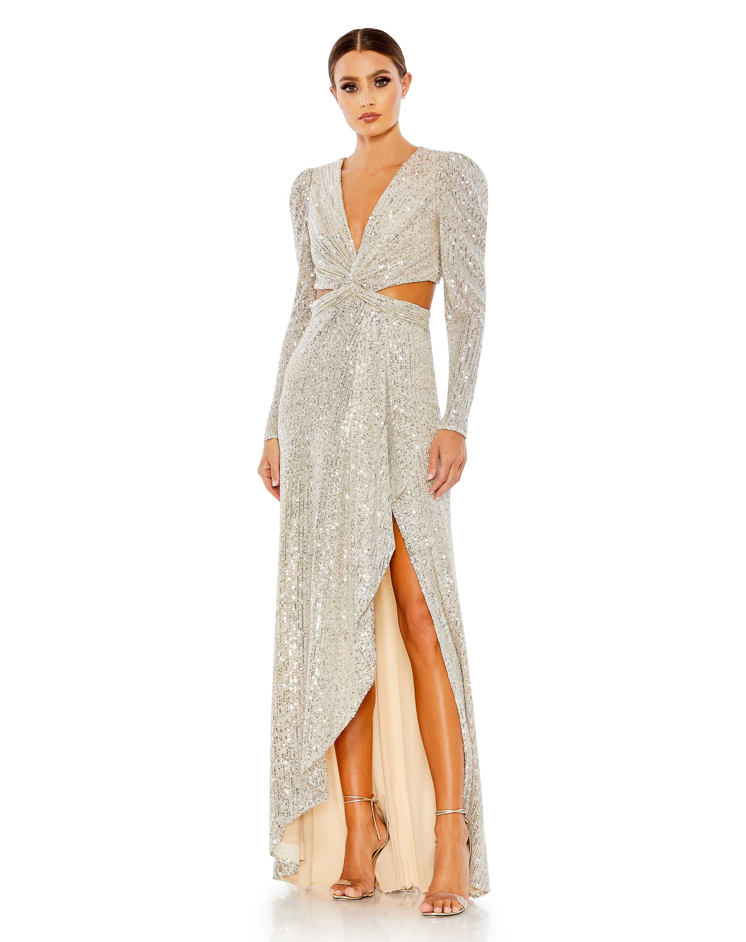 Sequined Criss Cross Long Sleeve Gown - Final Sale