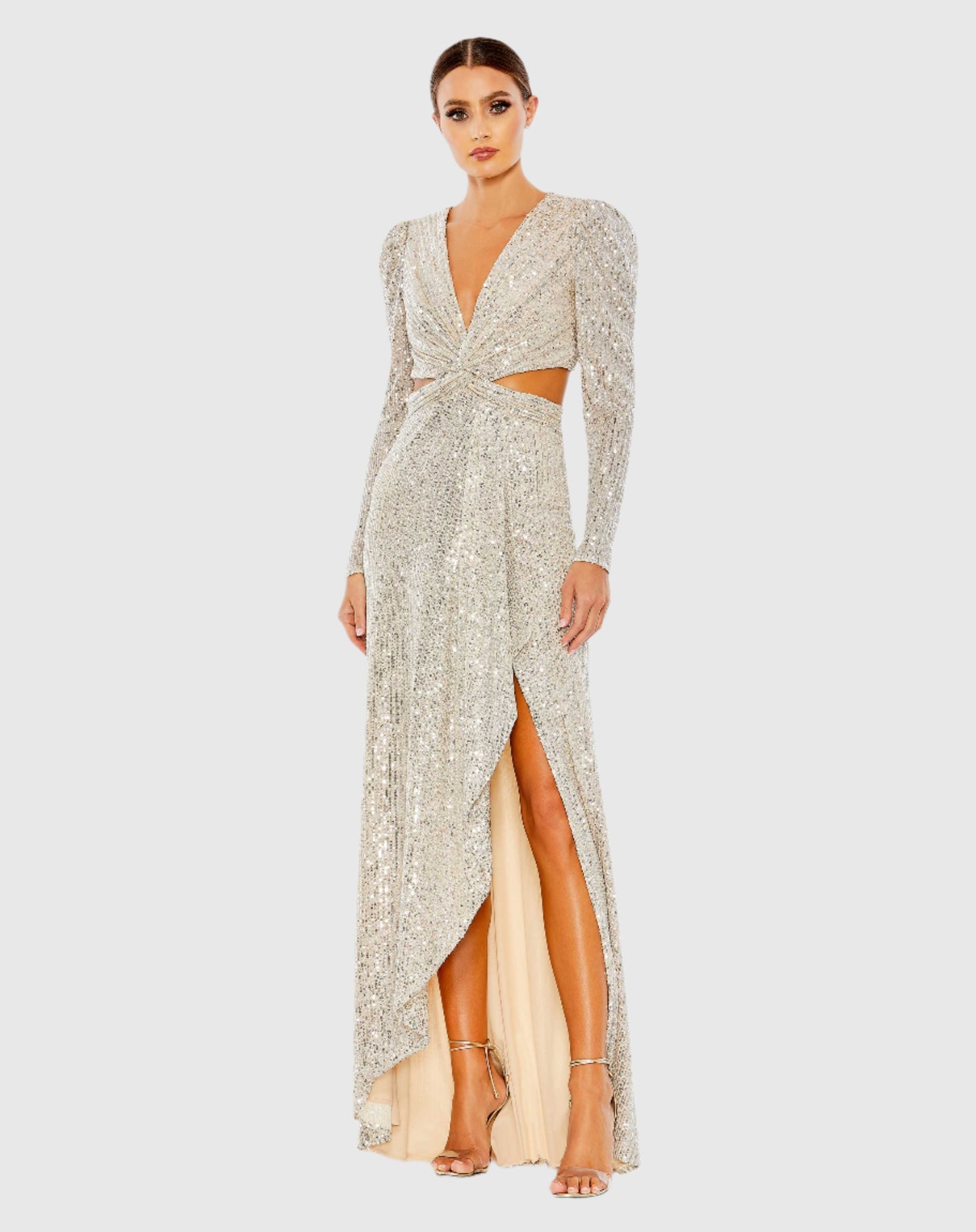 Sequined Criss Cross Long Sleeve Gown