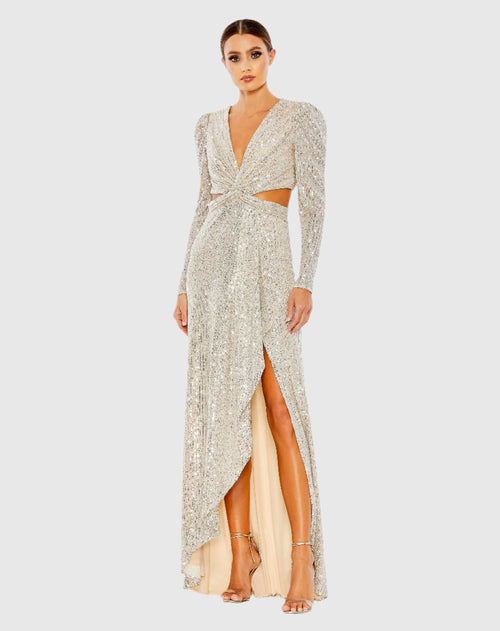 Sequined Criss Cross Long Sleeve Gown