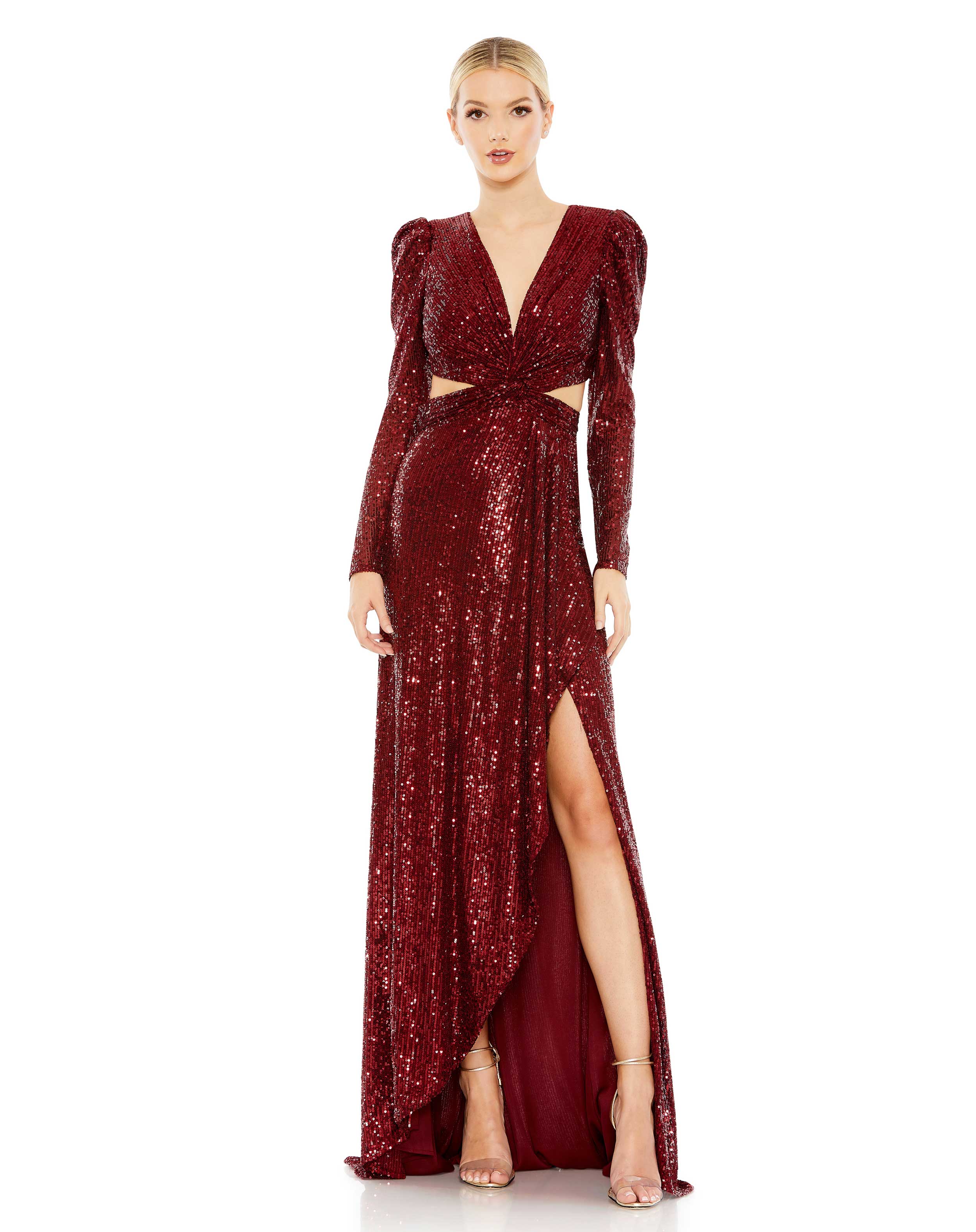 Sequined Criss Cross Long Sleeve Gown - Final Sale