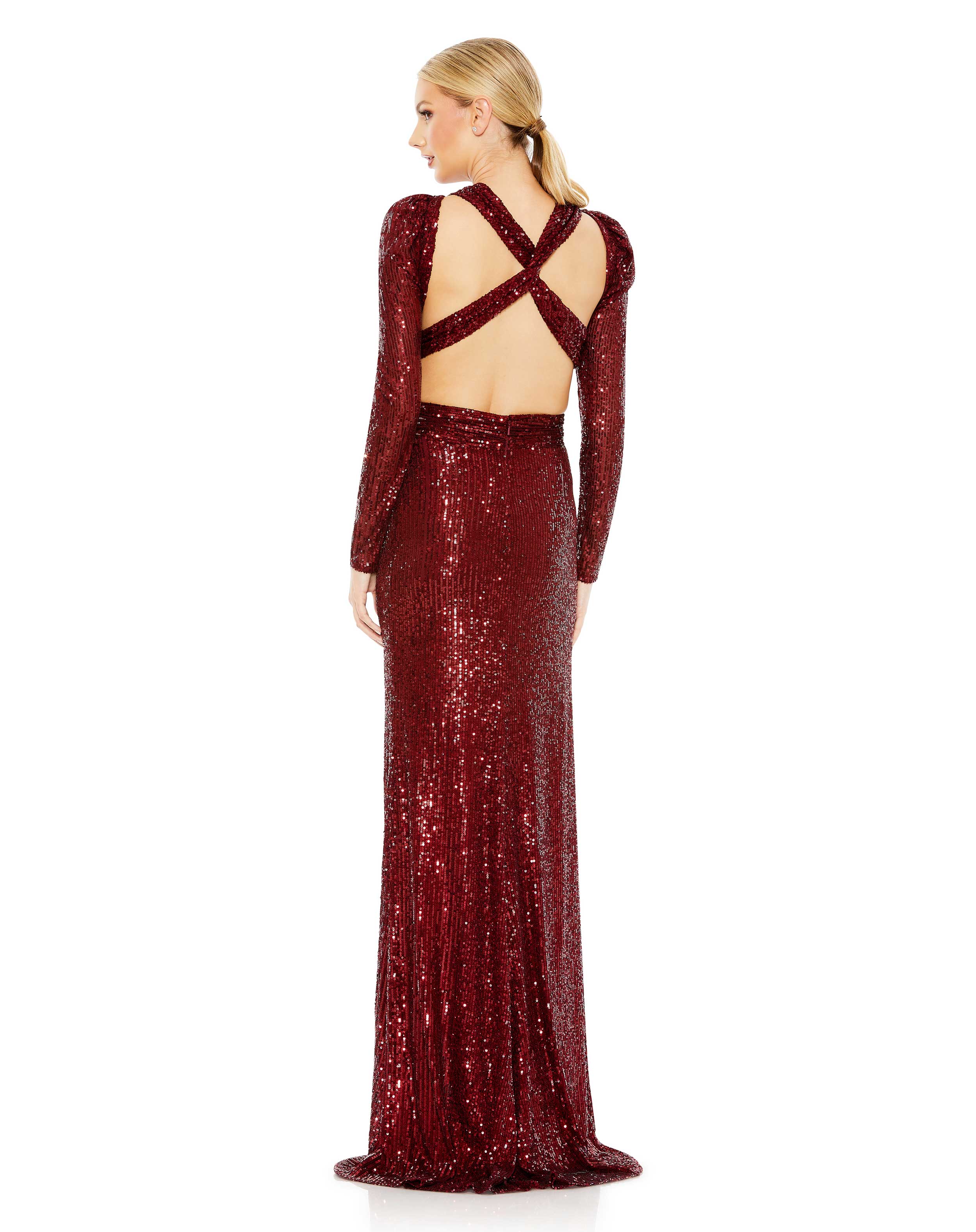 Sequined Criss Cross Long Sleeve Gown