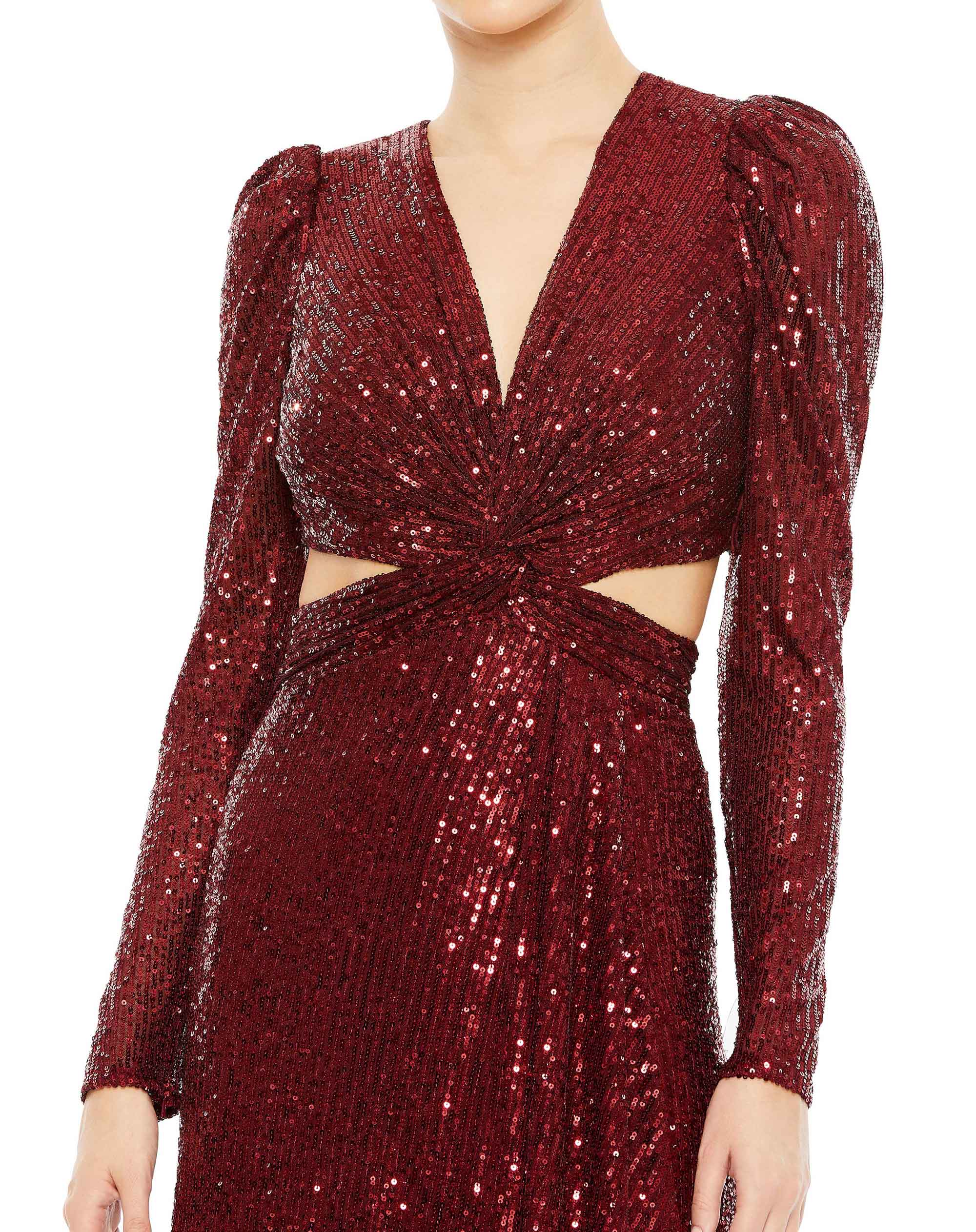 Sequined Criss Cross Long Sleeve Gown