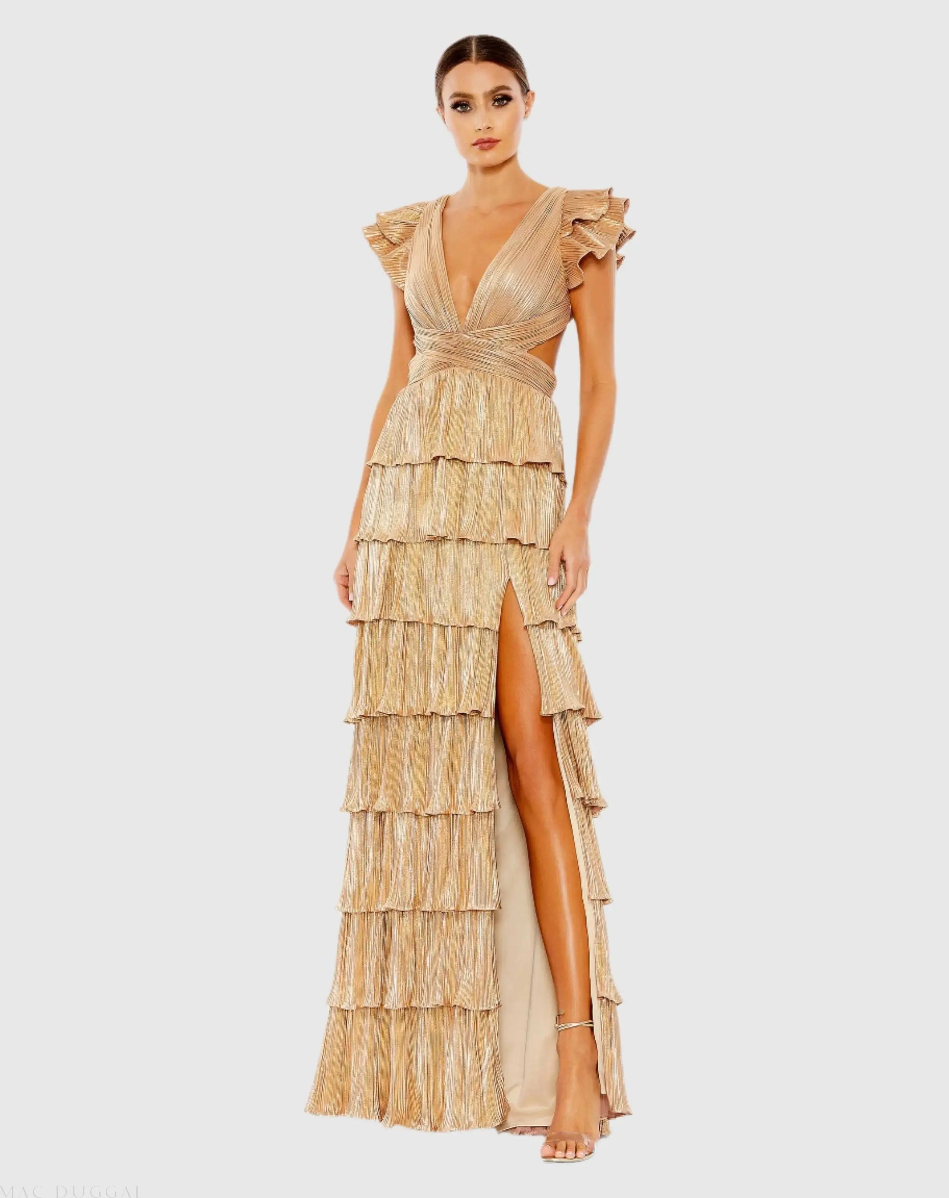 Ieena for Mac Duggal - Gold Ruffle Tiered Criss Cross Lace Up Gown - US 6 Ieena for Mac Duggal - Gold Ruffle Tiered Criss Cross Lace Up Gown - US 6