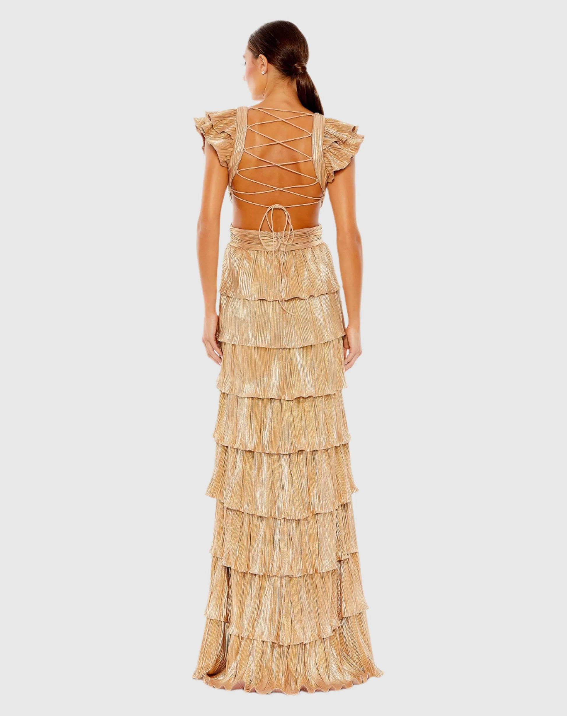 Gold Ruffle Tiered Criss Cross Lace Up Gown - Mac Duggal Gold Ruffle Tiered Criss Cross Lace Up Gown - Mac Duggal
