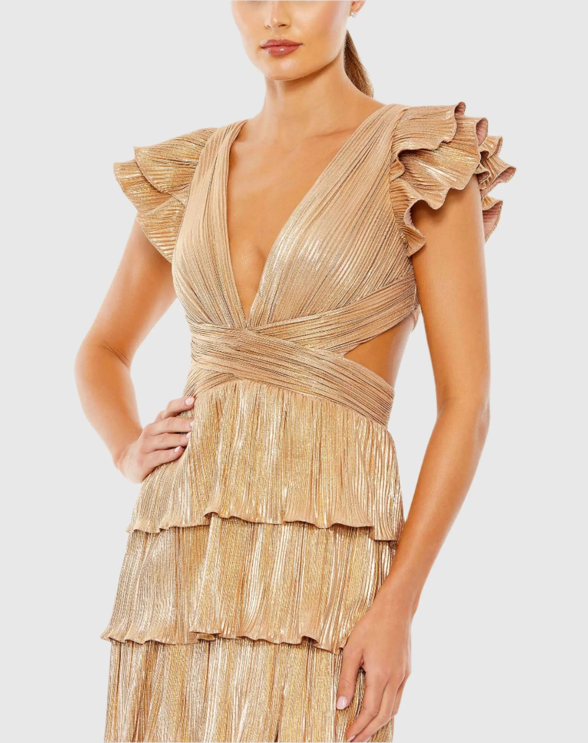 Ieena for Mac Duggal - Gold Ruffle Tiered Criss Cross Lace Up Gown - US 6 Ieena for Mac Duggal - Gold Ruffle Tiered Criss Cross Lace Up Gown - US 6