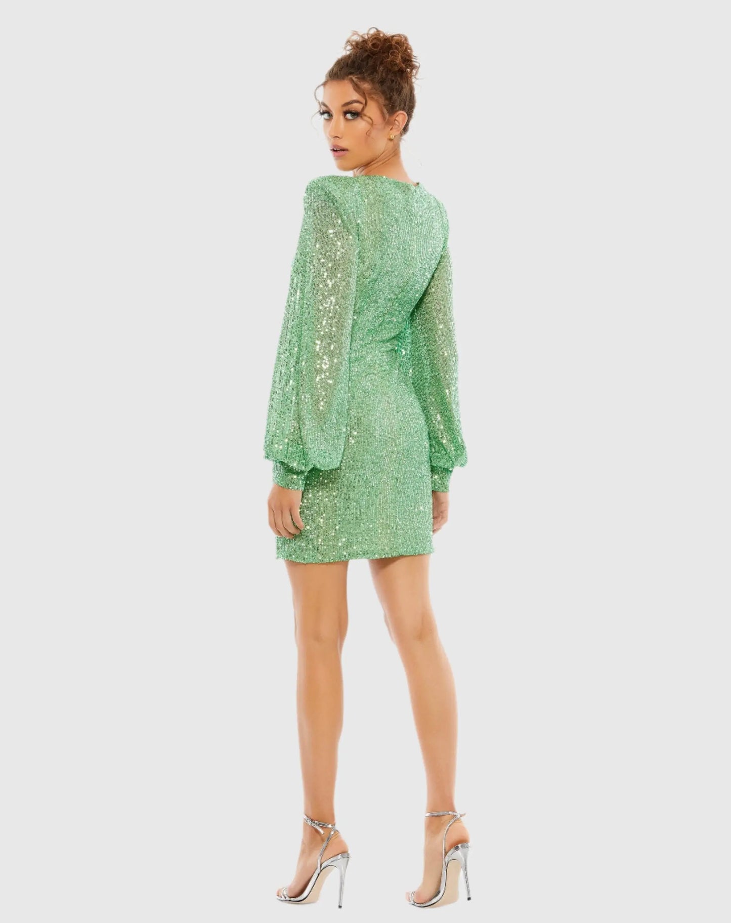 Sequined Structured Bishop Sleeve Mini Dress - Mac Duggal