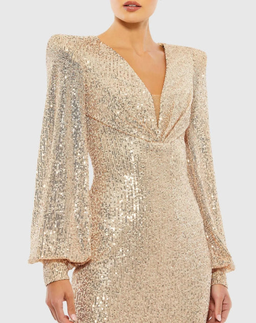 Sequined Structured Bishop Sleeve Mini Dress - Mac Duggal
