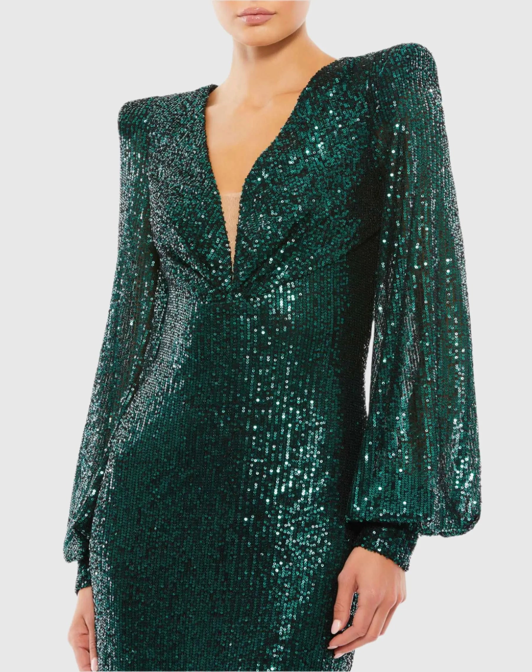 Green Sequined Structured Bishop Sleeve Midi Dress - Ieena for Mac Duggal