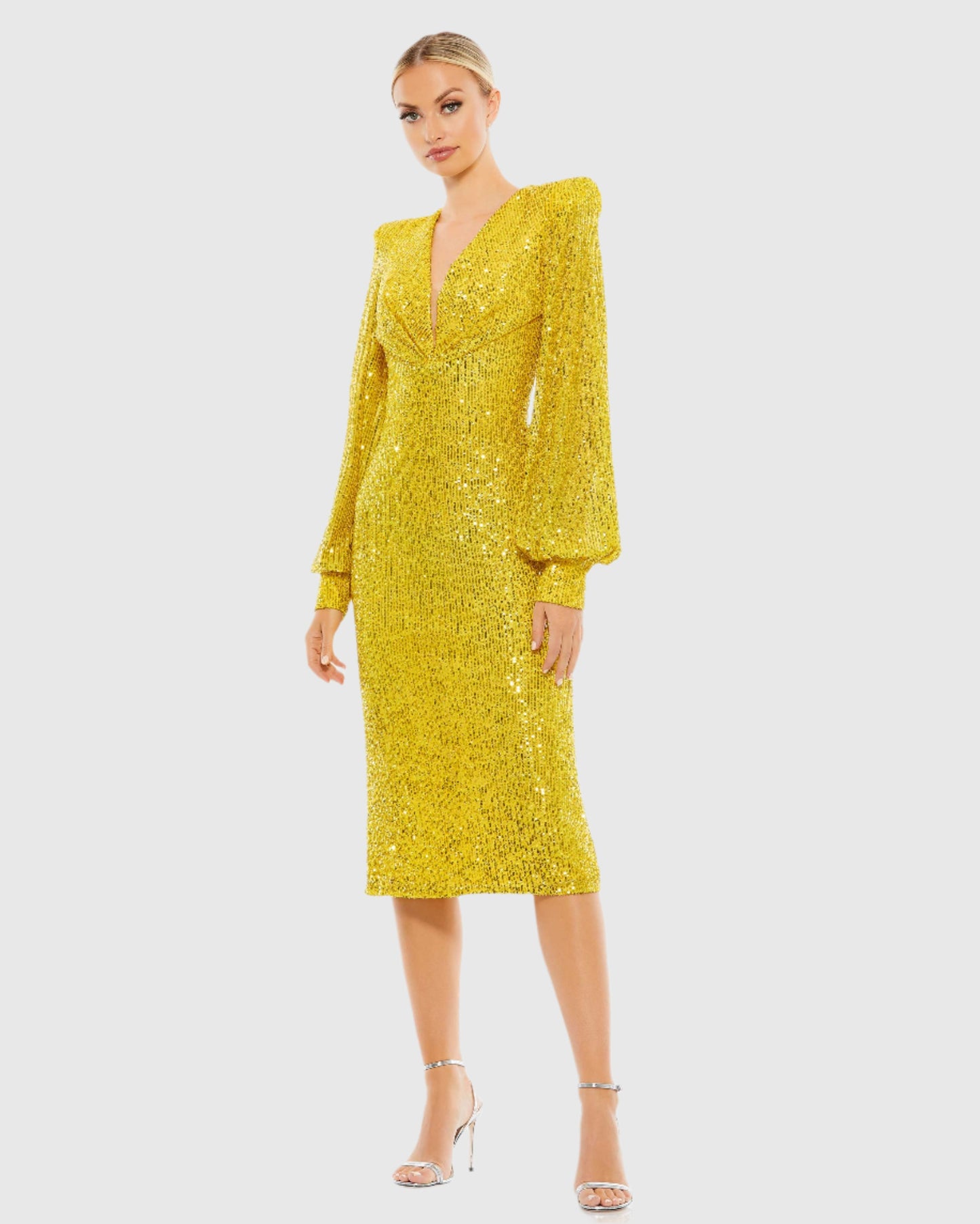 Sequined Structured Bishop Sleeve Midi Dress