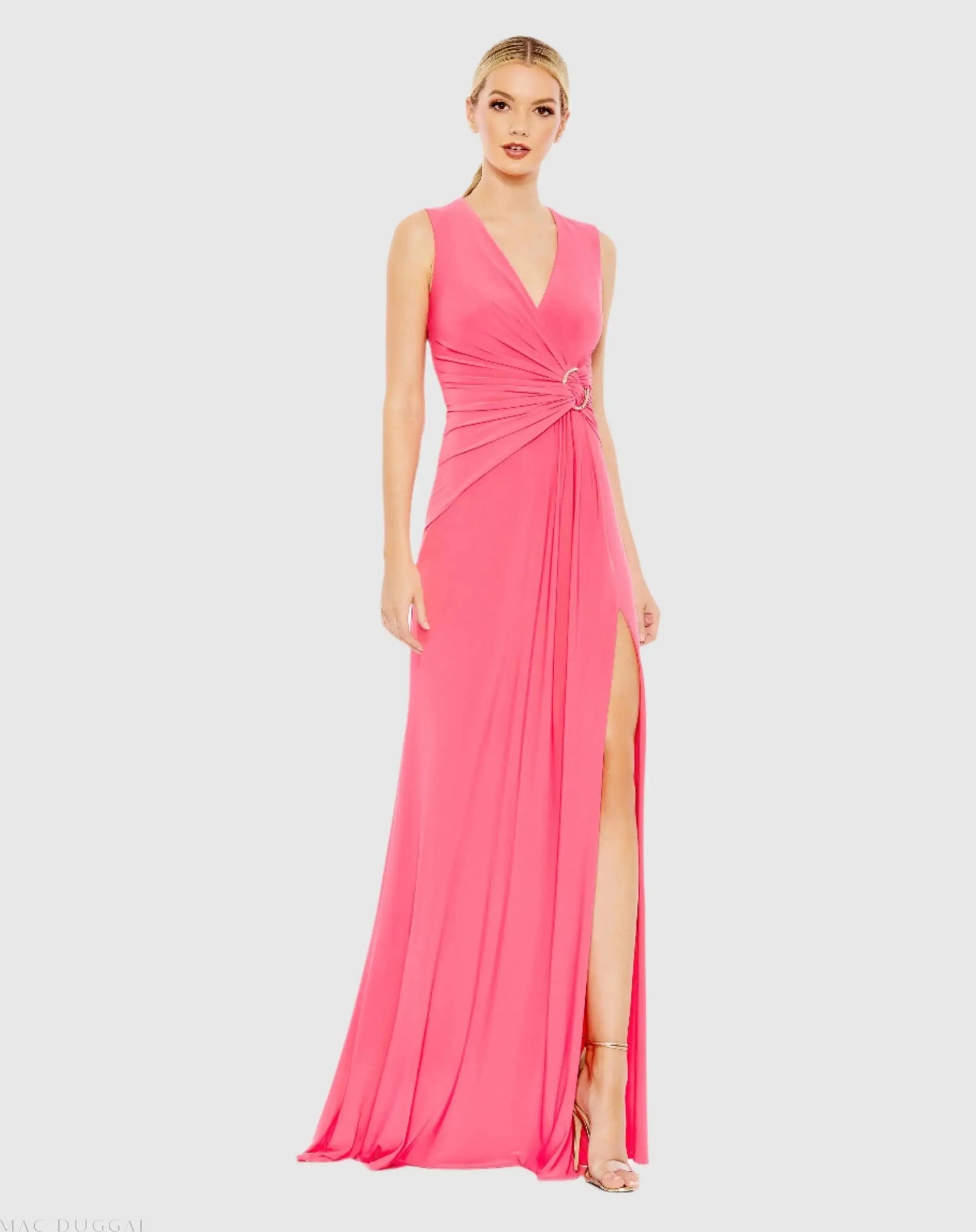 Pink Draped Side Knot Jersey Gown w/ Rhinestone Ring - Mac Duggal