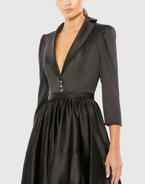 Vestido curto blazer de cetim com lapela evasê