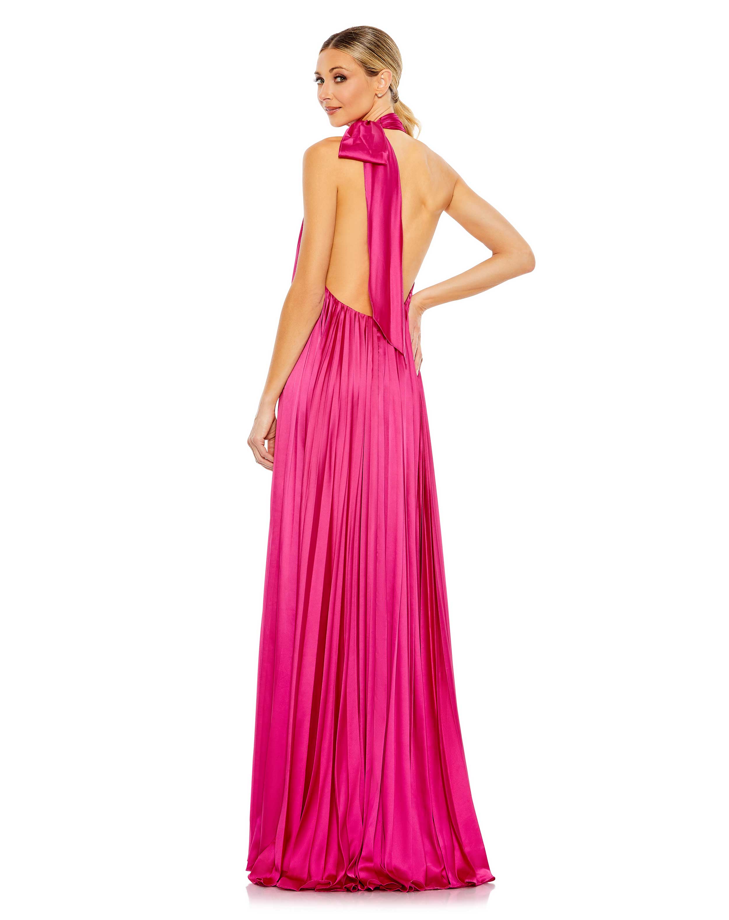 Pleated Trapeze Halter Neck Gown