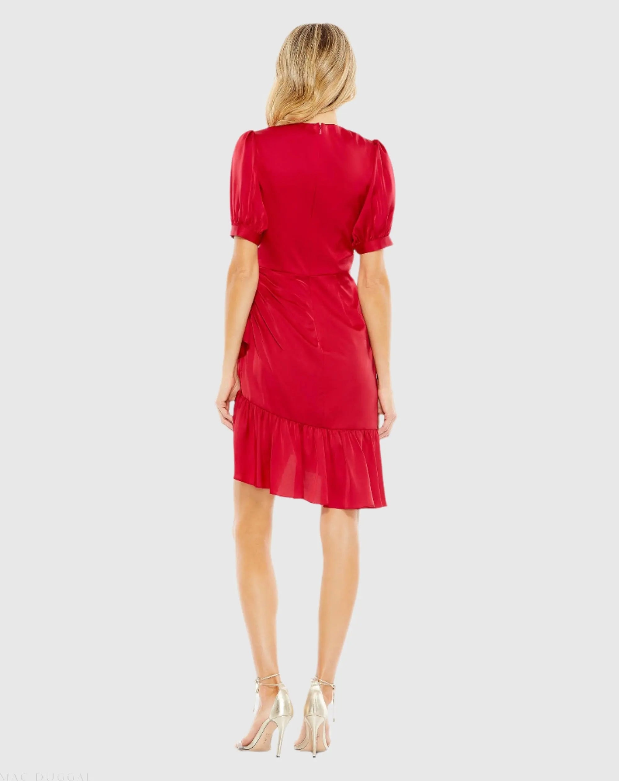 Red Short Puff Sleeve Faux Wrap Mini Dress - Mac Duggal