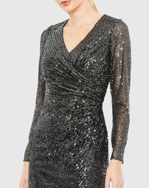 Sequined Faux Wrap V Neck Long Sleeve Midi Dress